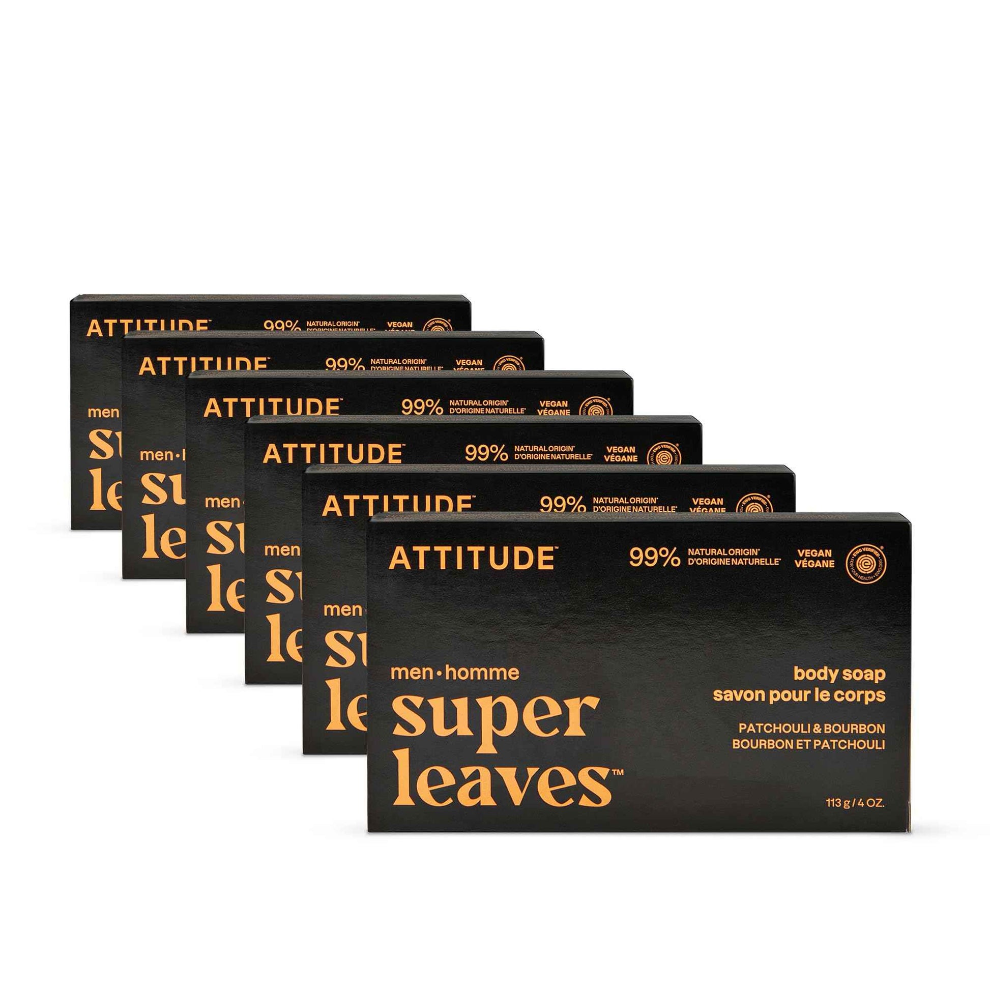 ATTITUDE Bar Soap Body Wash for Men, For Body and Hands, 99% Natural Origin Ingredients with Avocado Oil, EWG Verified, Patchouli & Bourbon, 4 Oz (Pack of 6)