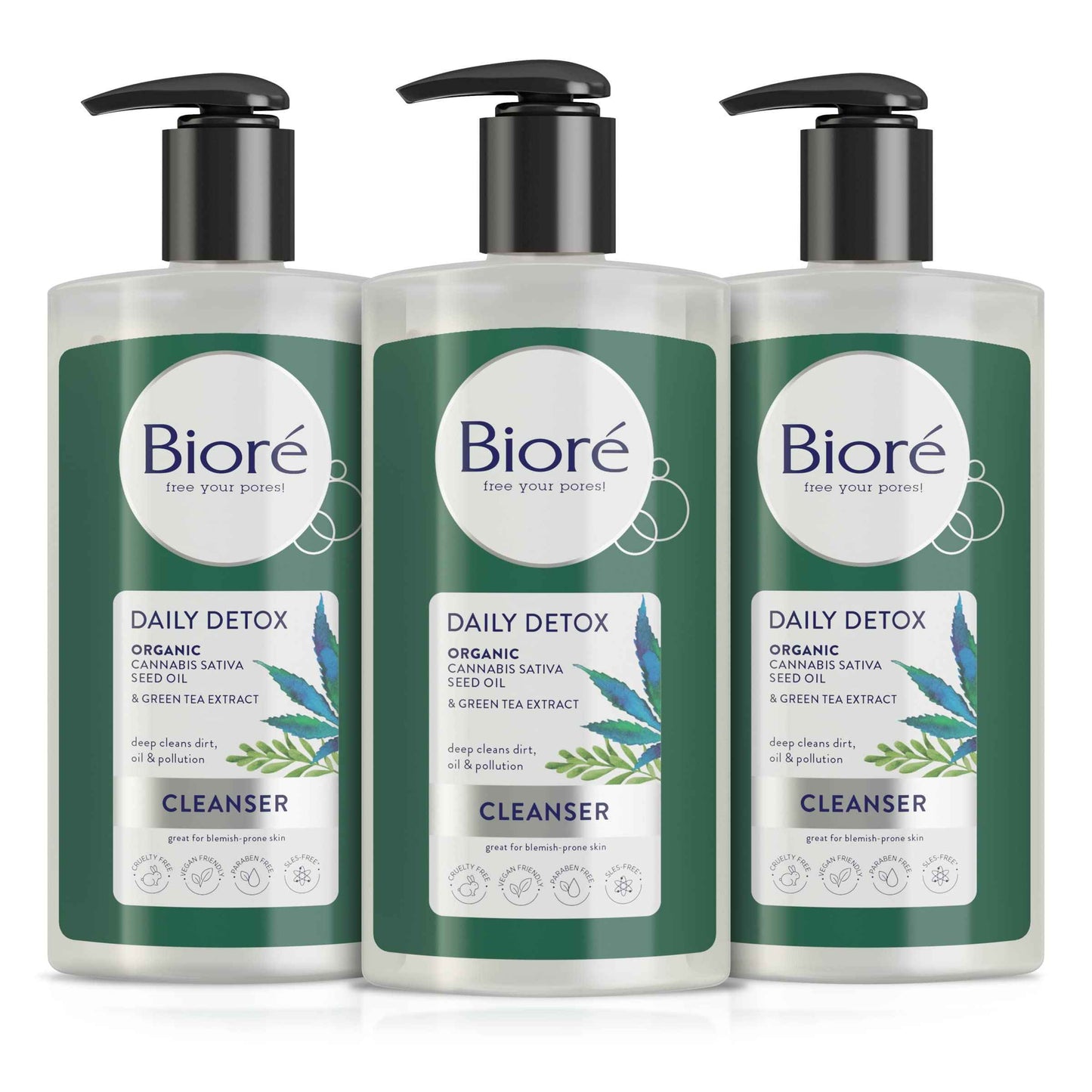 Bioré Detox Face Wash, Acne Facial Cleanser for Blemish Prone Skin, Daily Detox Cleanser, with Organic Hemp Oil and Green Tea Extract, 6.77 Fluid Ounces (3 Pack)