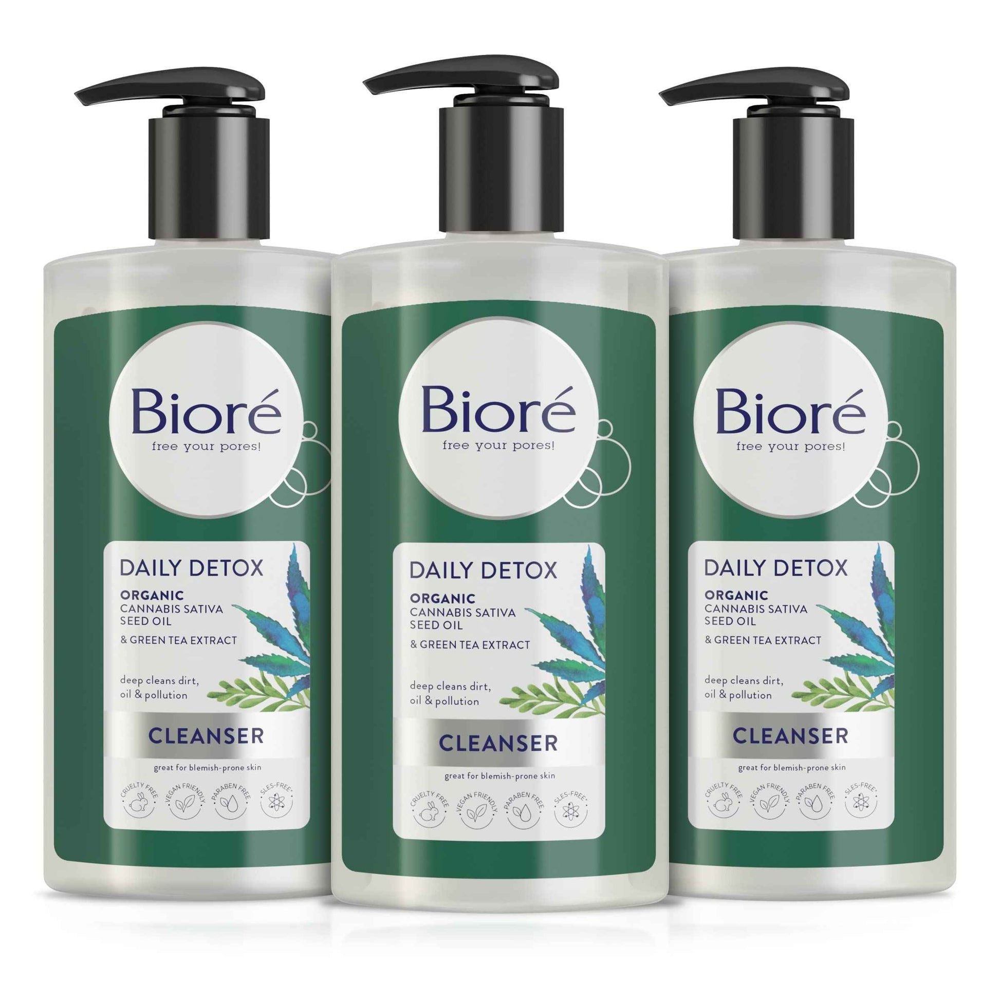 Bioré Detox Face Wash, Acne Facial Cleanser for Blemish Prone Skin, Daily Detox Cleanser, with Organic Hemp Oil and Green Tea Extract, 6.77 Fluid Ounces (3 Pack)