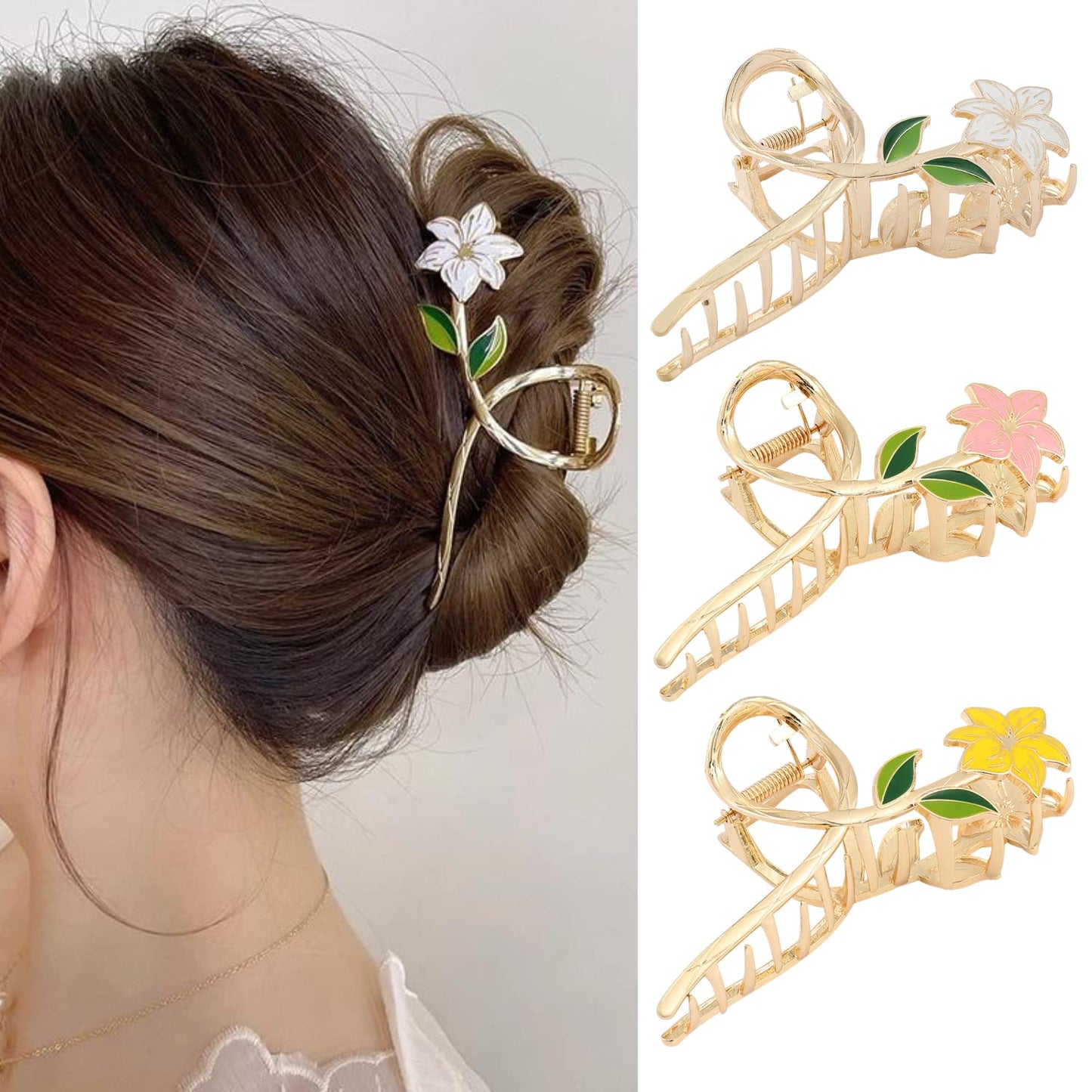 Flower Hair Clips for Women - Cute Large Floral Claw Clips in Pink, Yellow, Metal Gold, White for Thick Hair - Banana Clips & Summer Hair Decorations, 3Pcs