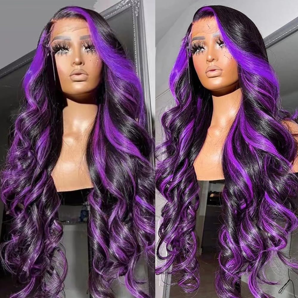 SISIFIRE Purple Highlight Lace Front Wig Pre-plucked Hairline Synthetic Heat Resistant Fiber Lace Front Wigs for Women Glueless 13X4 Inch Long Loose Curly Wavy Wigs