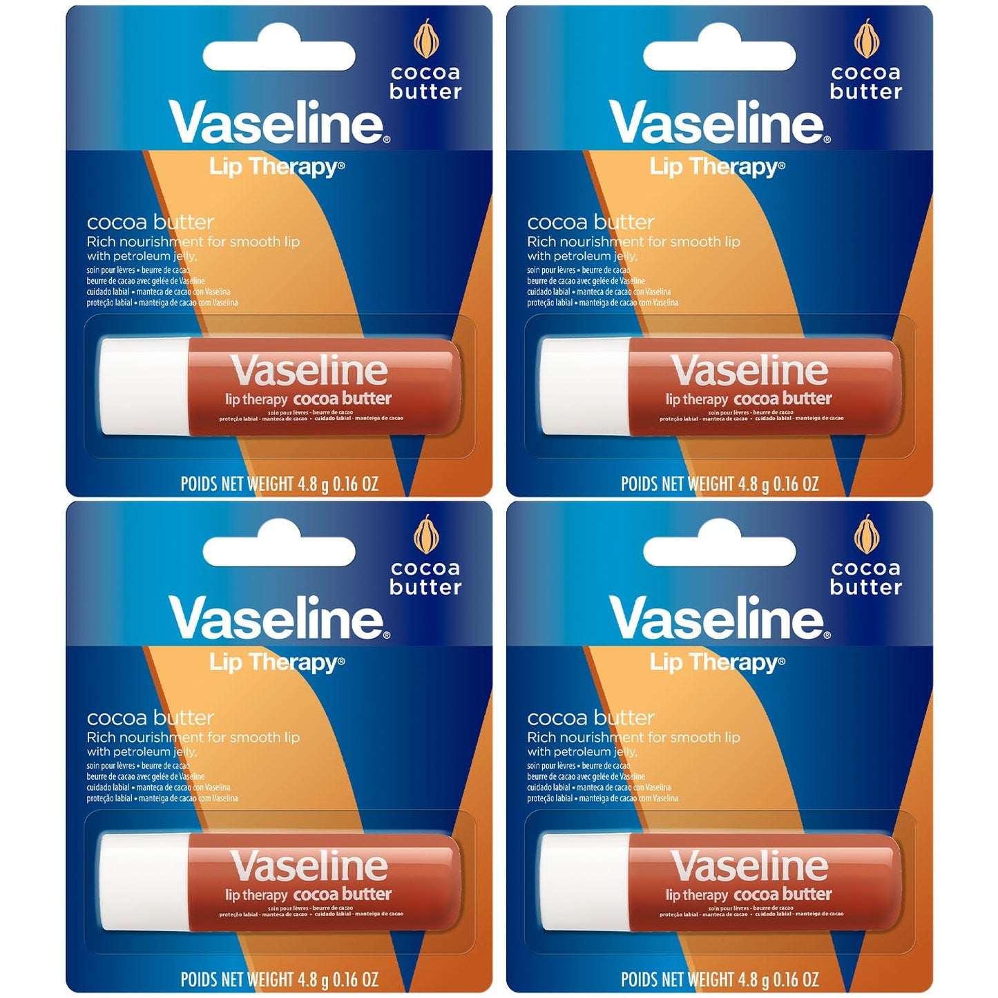 Vaseline Lip Therapy Cocoa Butter, Fast-Acting Nourishment, Ideal for Chapped, Dry, or Cracked Lips, Lip Balm Stick, 0.16 Oz (Pack of 4)