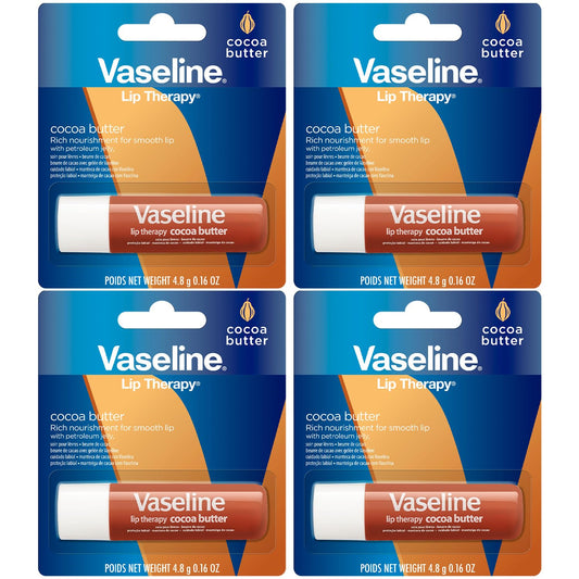 Vaseline Lip Therapy Cocoa Butter, Fast-Acting Nourishment, Ideal for Chapped, Dry, or Cracked Lips, Lip Balm Stick, 0.16 Oz (Pack of 4)