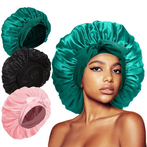 3Pcs Bonnet Silk Bonnet for Sleeping, Extra Large Satin Bonnet for Sleeping Hair Bonnets for Sleeping Black Curly Hair Women Jumbo Bonnet with Tie Band Braids Shower Cap