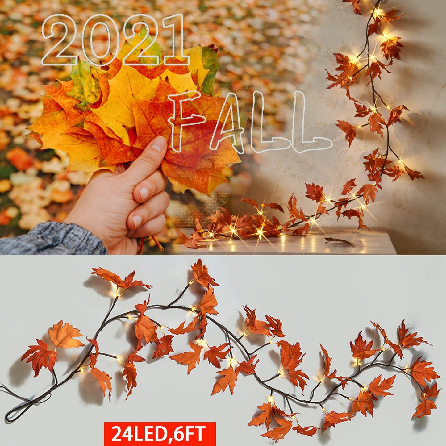 Fudios Lighted Maple Leaf Garland with Timer 24 Warm White LED 6FT for Fall Thanksgiving Decor, Artificial Garland with Lights Battery Operated Harvest Christmas Decoration Indoor Outdoor