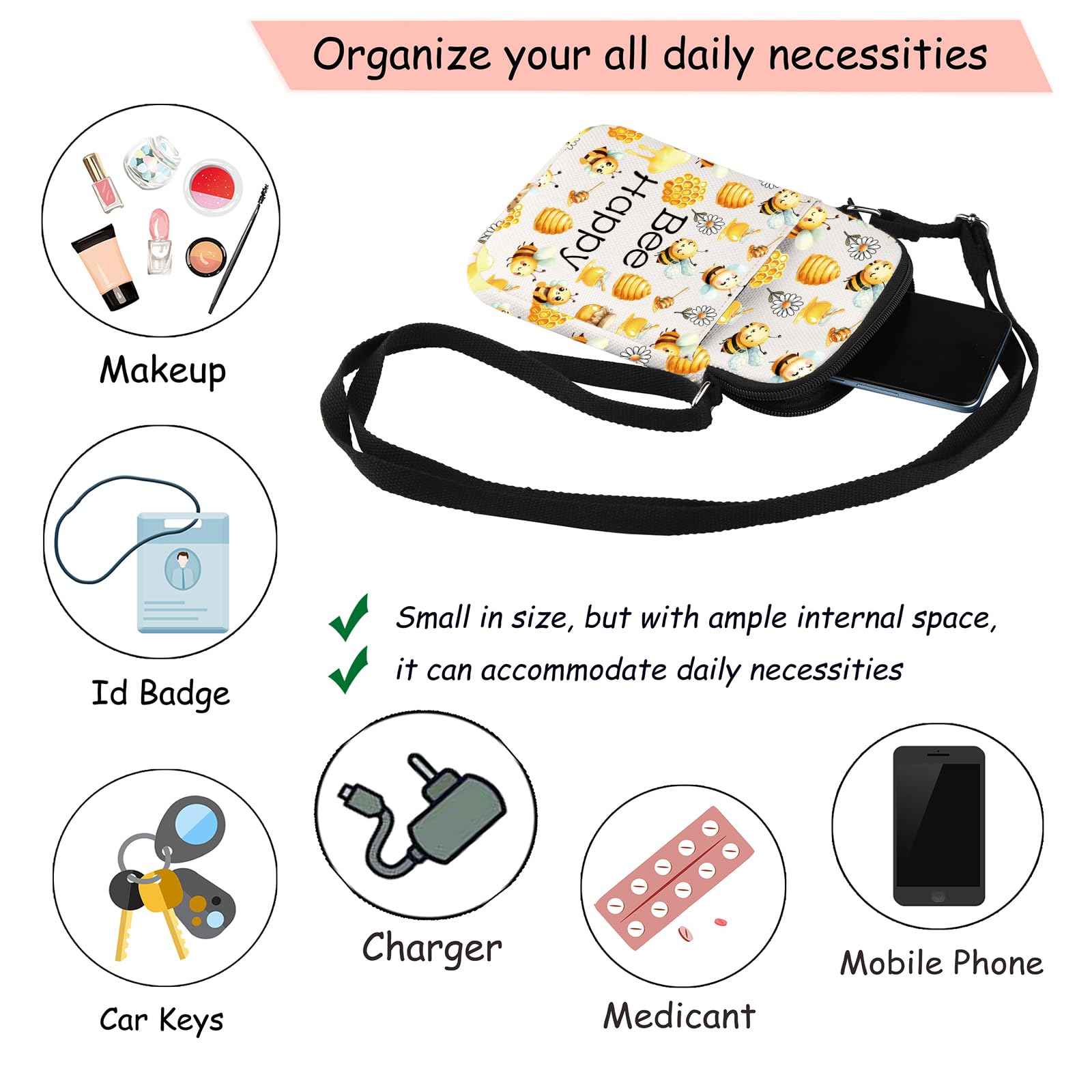 JXGZSO Honey Bee Makeup Bag With Zipper Bee Lover Gifts For Women Bee Cosmetic Bag (Bee Crossbody)