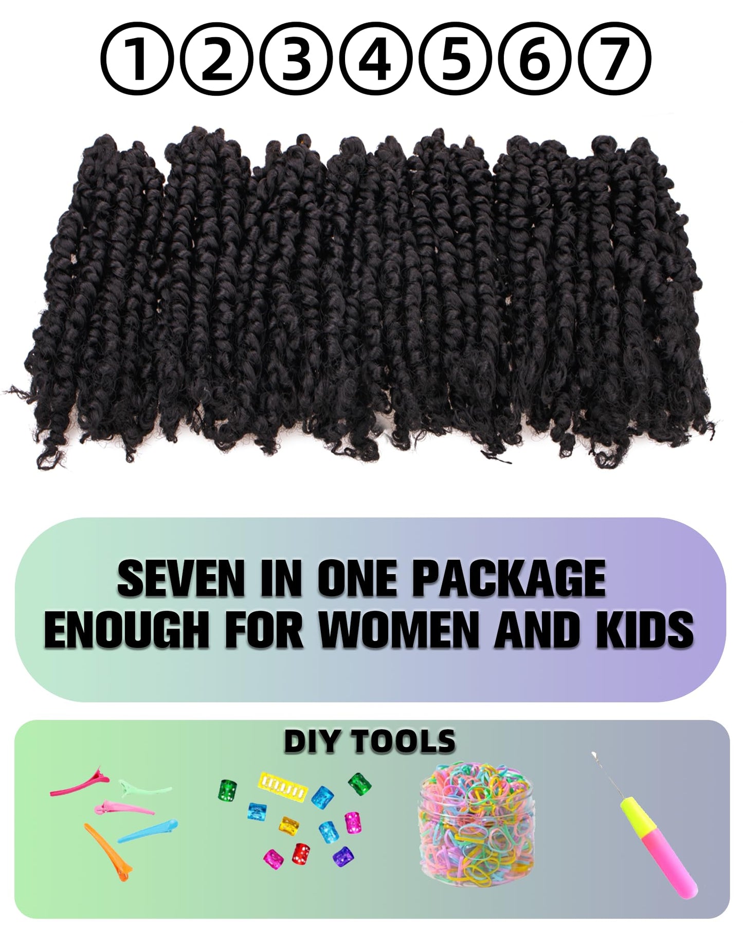 8 Inch 7 Packs Pre Looped Pretwisted Passion Twist Crochet Hair for Black Women and Kids-Natural Black,Soft Hair Extensions Braided by Synthetic Spring Kinky Twist Bohemian Curl(1B)