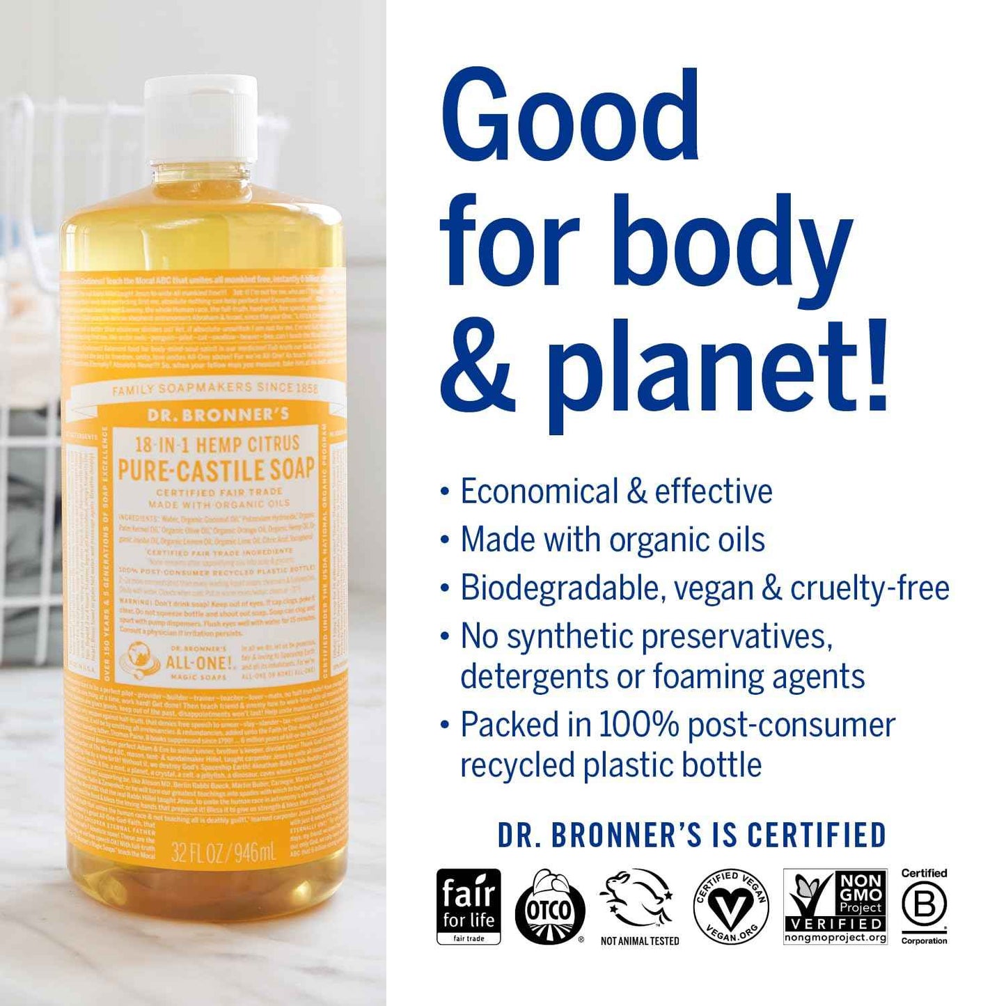Dr. Bronner's Magic Soap-Pure-Castile Liquid Soap (Citrus, 32 ounce, 2-Pack)-Regenerative Organic Certified Oils, 18-in-1 Uses: Body, Hair, Laundry, Pets & Dishes, Concentrated, Vegan, Non-GMO