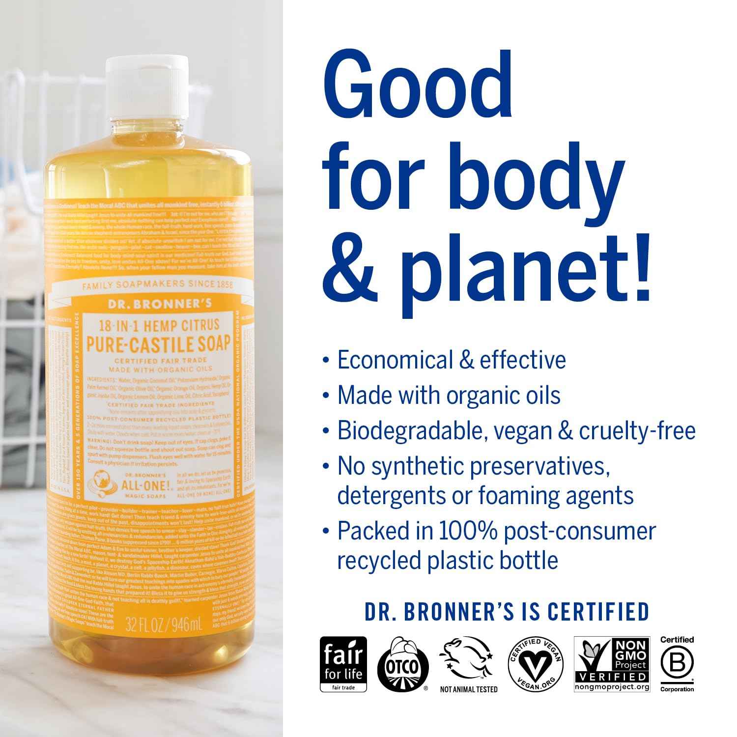 Dr. Bronner's Magic Soap-Pure-Castile Liquid Soap (Citrus, 32 ounce, 2-Pack)-Regenerative Organic Certified Oils, 18-in-1 Uses: Body, Hair, Laundry, Pets & Dishes, Concentrated, Vegan, Non-GMO