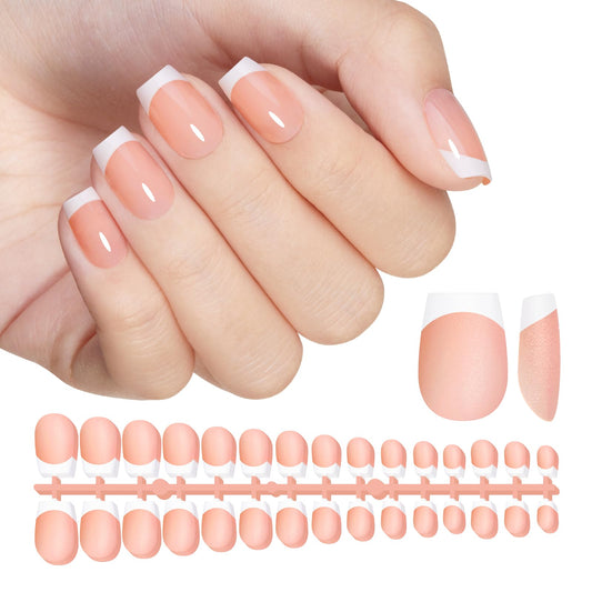 CHRISTINE SHELLY French Gel Nail Tips 240Pcs French Tip Press on Nails Fleshcolor Short Coffin 4 in 1 Pre-applied Tip Primer & Base Coat No Need to File Fake Nails for Salon & DIY 15 Sizes White