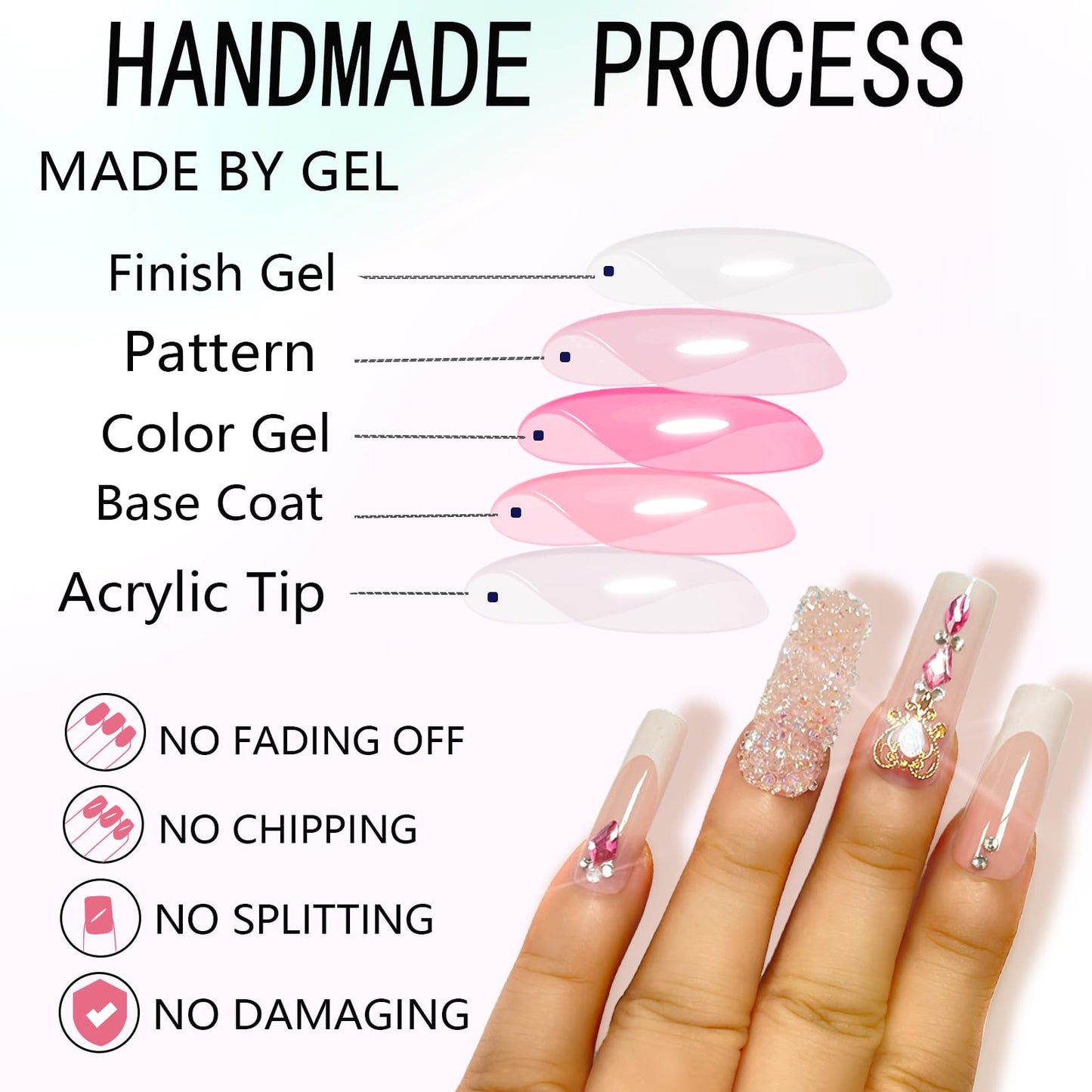 Long Press on Nails White French Tip Long Fake Nails Coffin Press on Nails Square False Nails with Glitter Diamond Charm Design Acrylic Nails Press on Artificial Nails Stick on Nails For Women-24Pcs