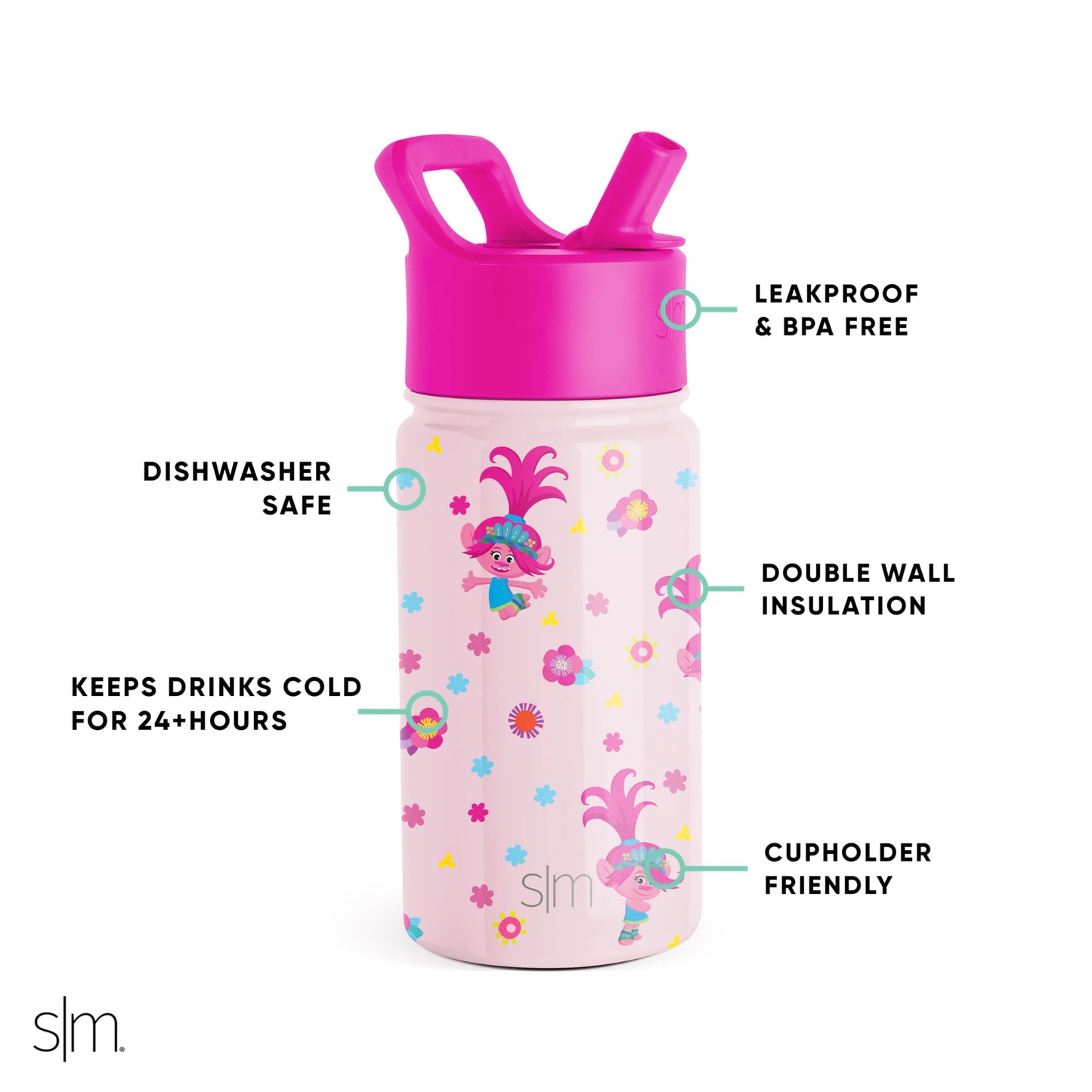 Simple Modern Trolls Kids Water Bottle with Straw Lid | Insulated Stainless Steel Reusable Tumbler for Toddlers, Girls | Summit Collection | 14oz, Trolls Poppy Mashup