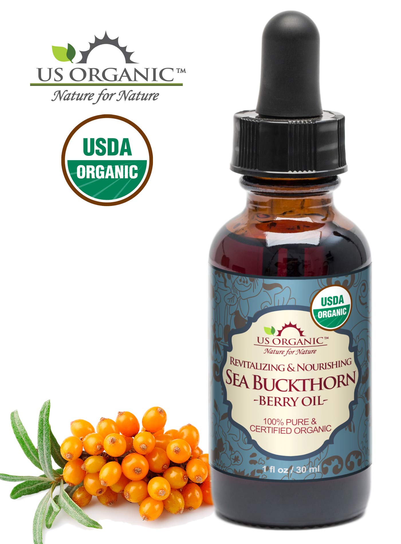 US Organic Sea Buckthorn Berry (Fruit) Oil, Supercritical CO2 extracted, USDA Certified Organic,100% Pure Virgin, Unrefined in Amber Glass Bottle, Face, Hair, spot Treatment, Anti Aging, 1 oz (30 ml)