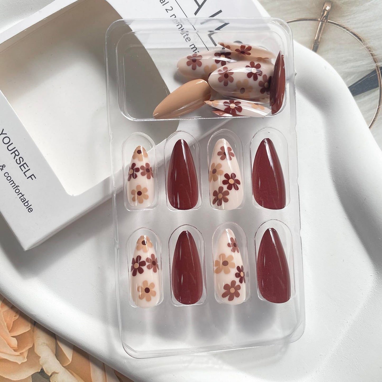 Fall Press on Nails Almond Shape Fake Nails Light Brown Glue on Nails Full Cover Acrylic Nails Flower Designs Autumn Press on Nails Medium Length Stick on Nails Thanksgiving Day for Women Girls 24 Pcs