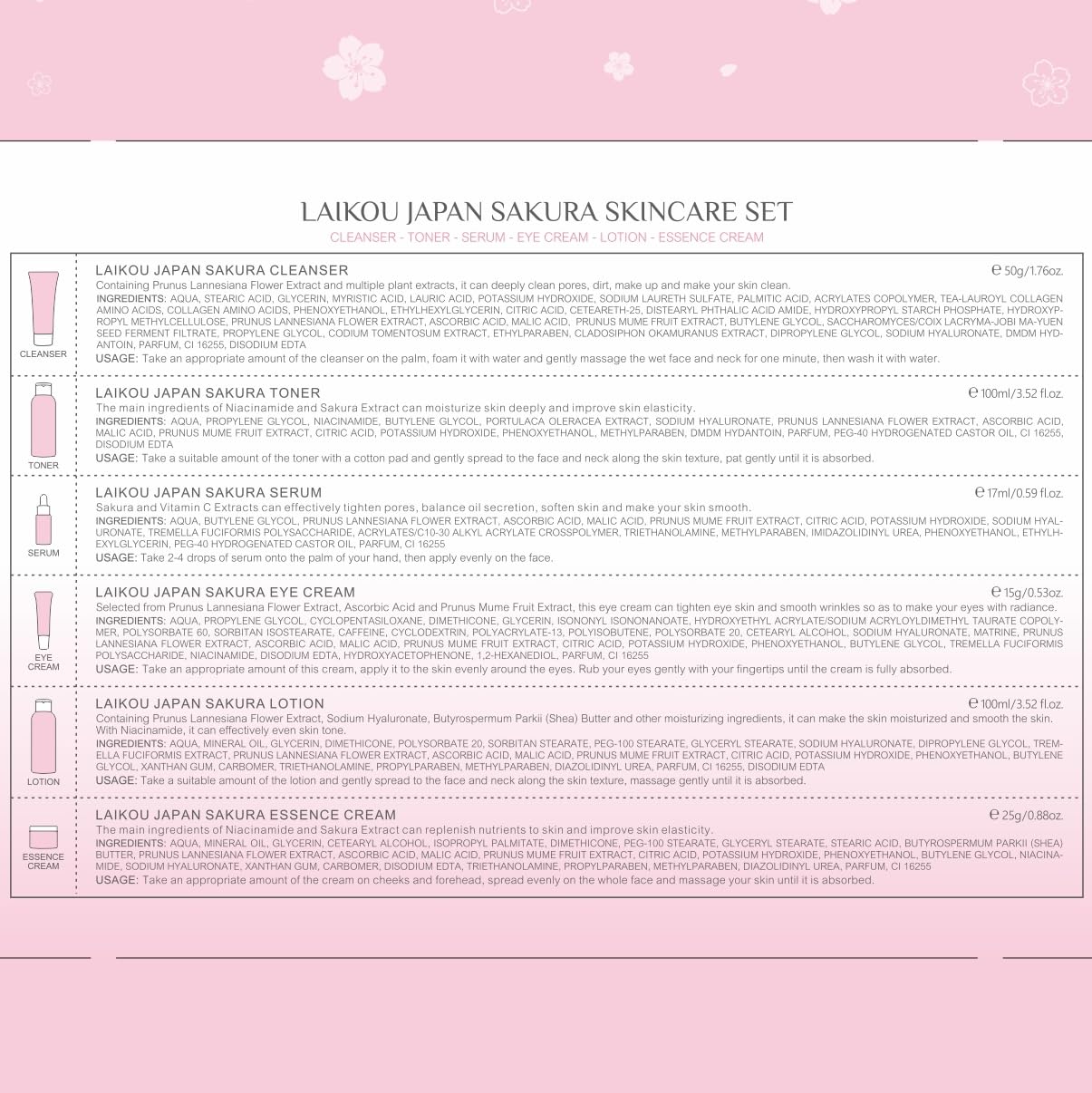 LAIKOU Skin Care Set JAPAN SAKURA Women Beauty Gift Sets Skin Care Kit with Cleanser, Toner, Lotion, Serum, Eye Cream, Face Cream Travel Kit for Women Teen Girls Mom Daughter TSA-friendly Sizes 6pcs