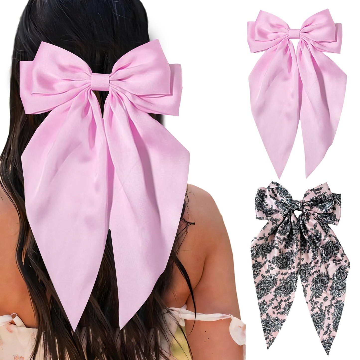 Hadutrek Silky Satin Hair Bows 2PCS Big Hair Bows for Women Flower Hair Clips Hair Ribbons Oversized Pink Bow Butterfly Hair Clips Hair Accessories Claw Clips for Thick Hair for Women