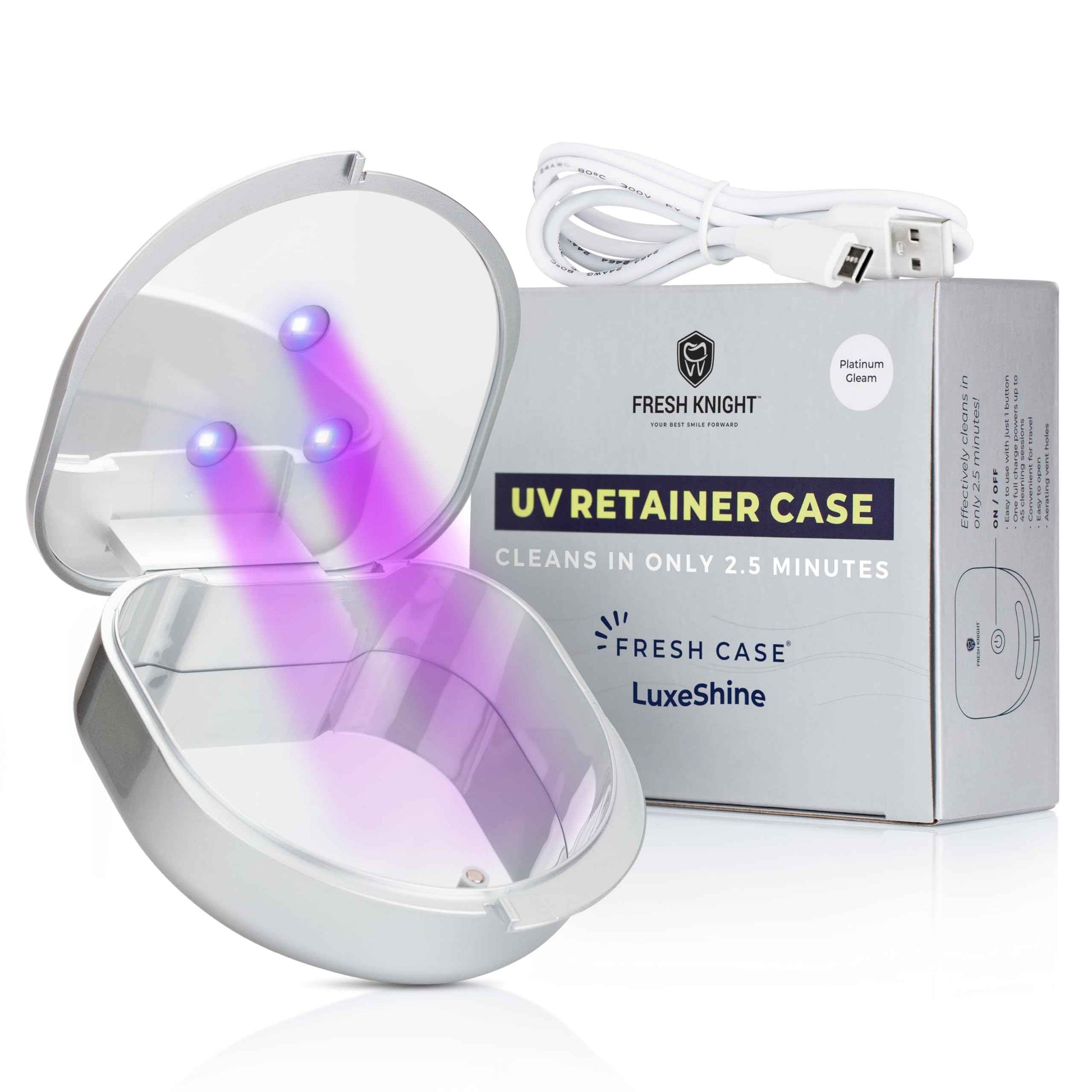 FRESH KNIGHT UVC Retainer Cleaner & Denture Cleaner - UV Retainer Case - Ideal for Invisalign & Mouth Guards - White UV Retainer Container - Convenient Travel Size