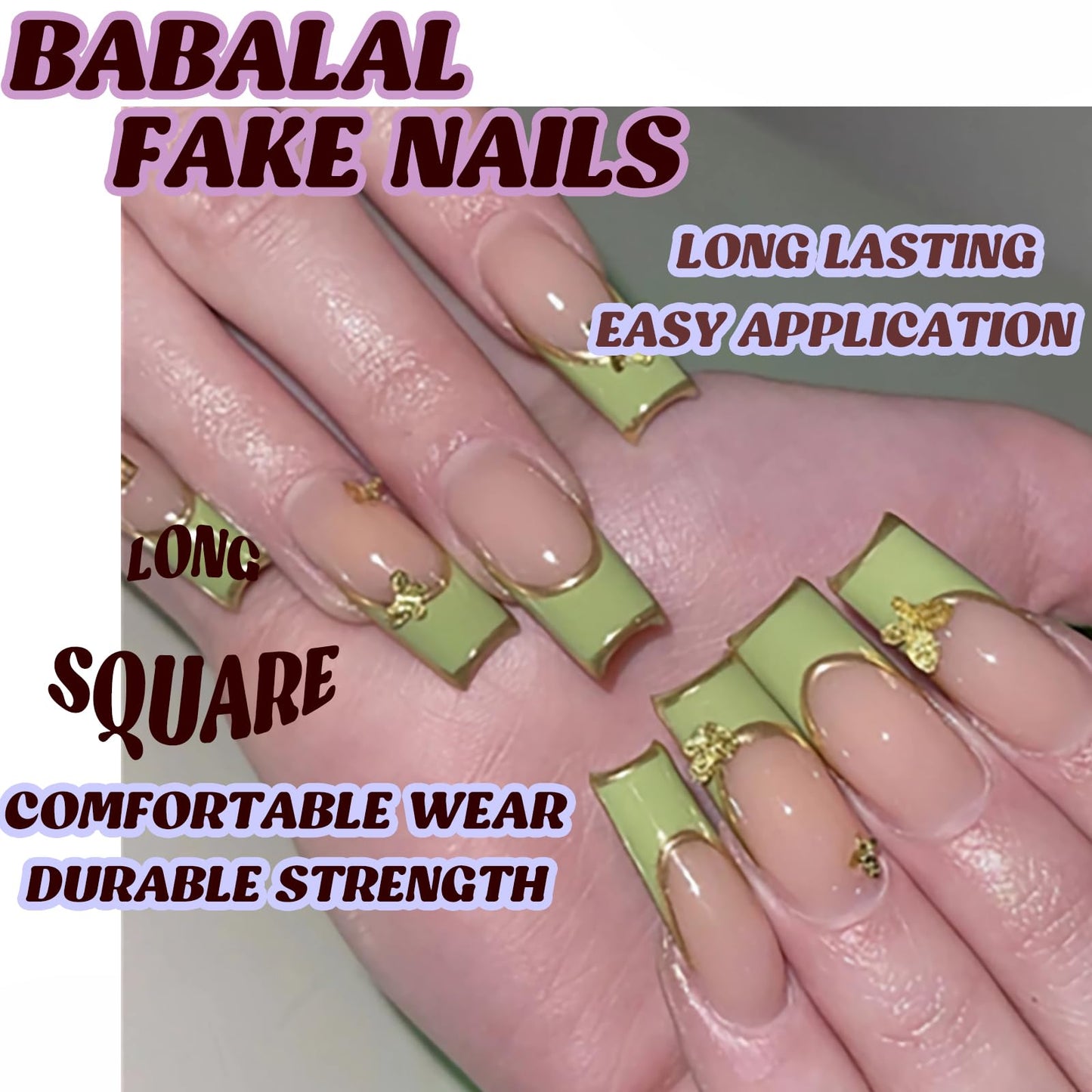 BABALAL French Tip Press on Nails Long Square Fake Nails Green Glue on Nails Golden Chrome Design 3d Butterfly Charm Acrylic Nails 24Pcs Squoval Manicure False Nails