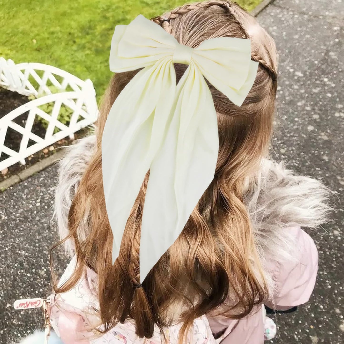 JOYRUBY Black Hair Bow Beige Bow for Hair Clip, 2PCS Silky Satin Hair Bows for Women, Long Tail Big Bows for Girls, Large White Bow Hair Accessories