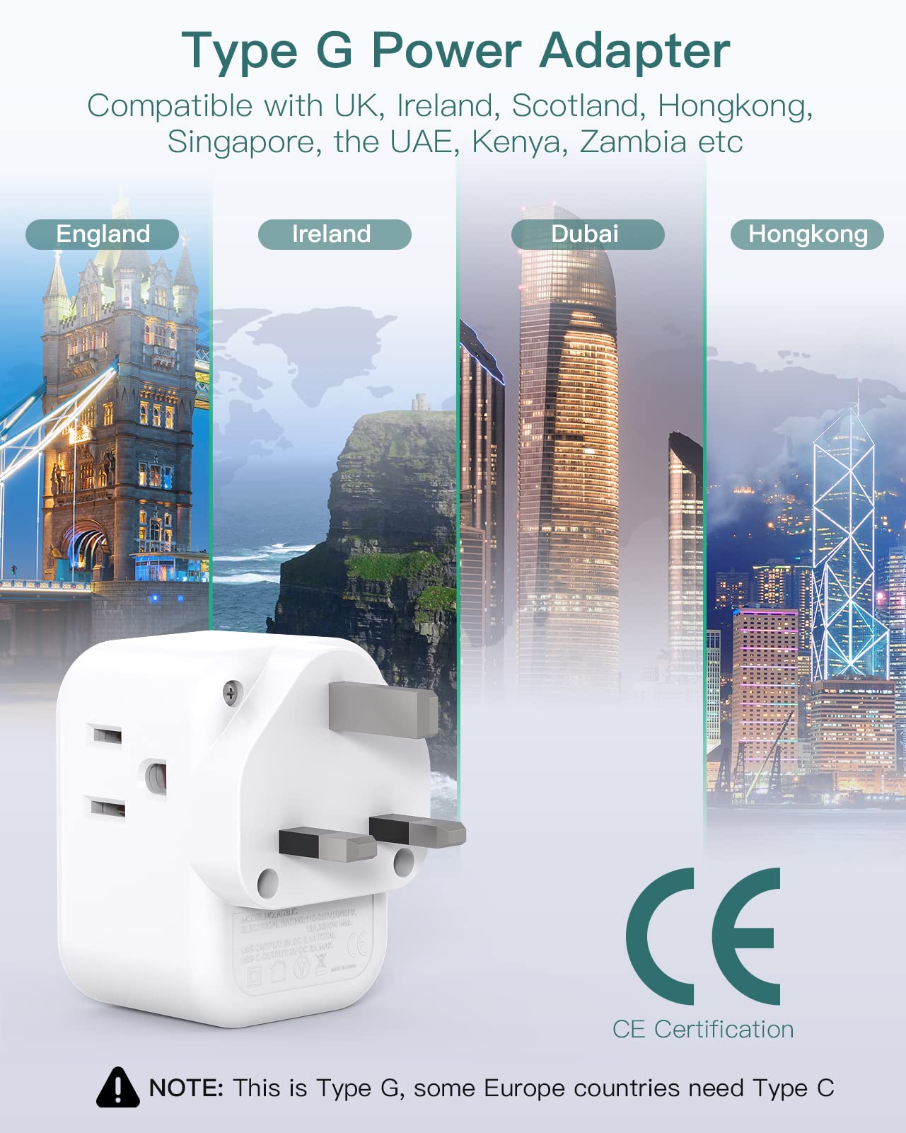 US to UK Ireland Plug Adapter, Addtam Type G Power Adapter with 3 AC Outlets and 3 USB(1 USB C), Travel Essentials for USA to Dubai Scotland British London England Hong Kong Irish