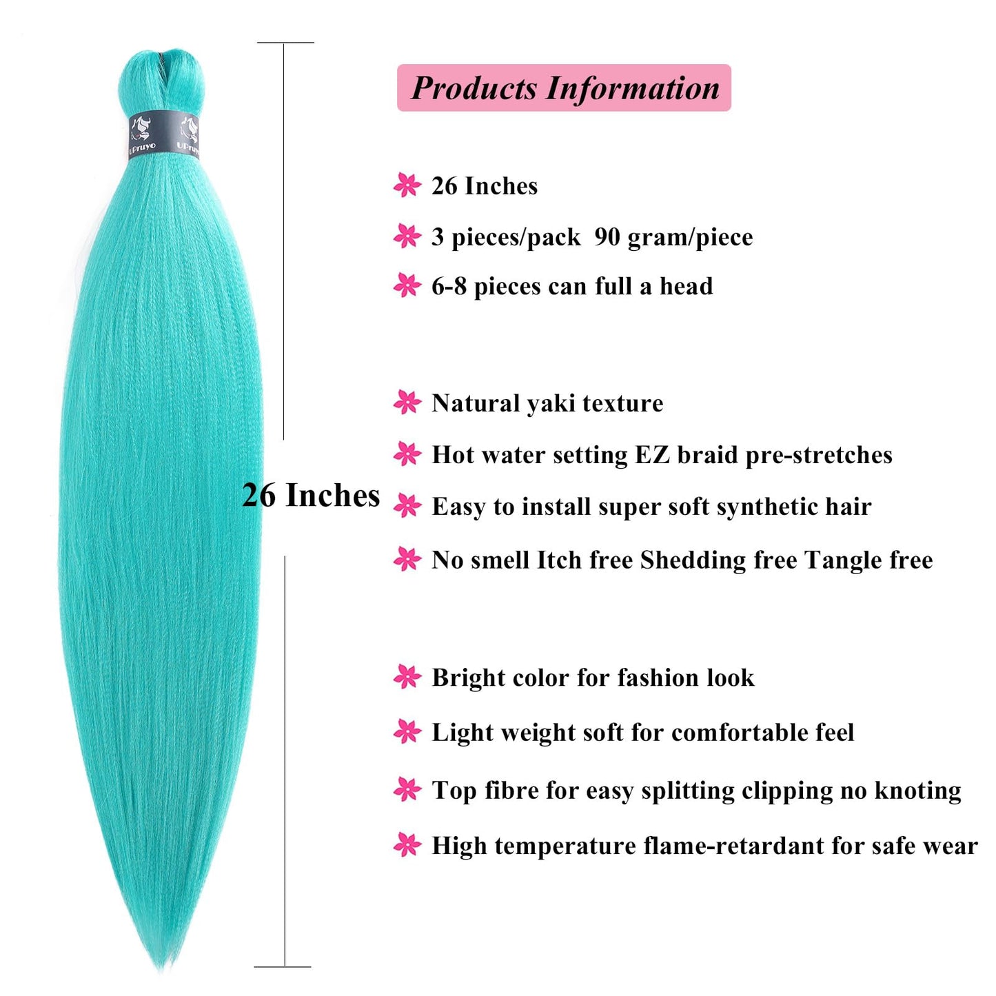 UPruyo Mint Green Braiding Hair Pre Stretched Kanekalo Braiding Hair Extensions for Braiding Box Braids Synthetic Knotless Prestretched Pre Sectioned Braiding Hair 26 inch