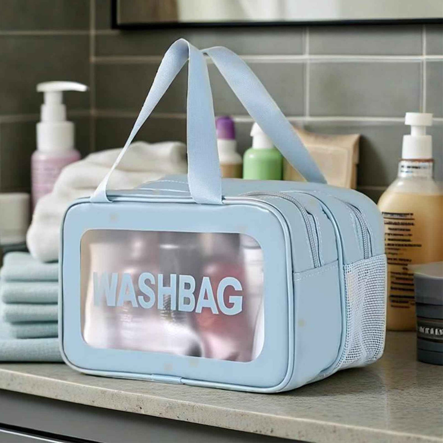 L&FY Large Toiletry Bag, Translucent Leather Makeup Cosmetic Organizer Bag Waterproof With Mesh Pouch For Gym, Workout Swim Beach Shower (Sky Blue, L)