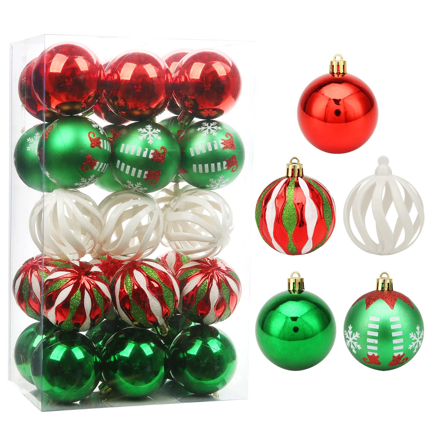 Christmas Tree Ornaments, 30ct Christmas Ball Decoration Set 2.36" Green Gold and White Christmas Ball Shatterproof Hanging Tree Ornament Set for Christmas Tree Holiday Halloween Xmas Party Decor