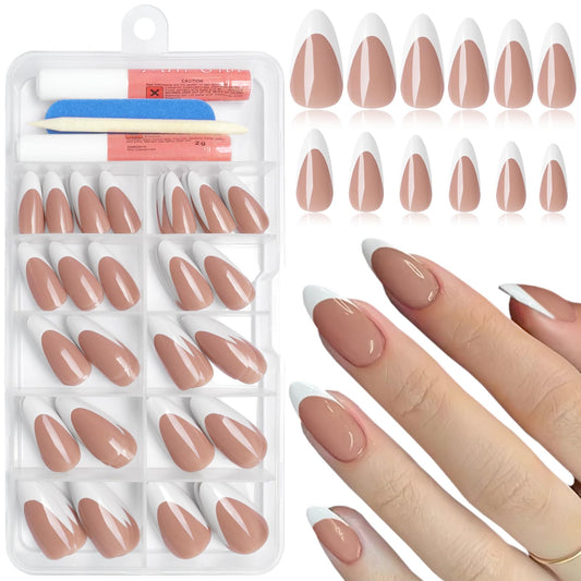 Bellelfin 120Pcs French Tip Press on Nails Almond Nails Press on Medium Fake Nails Glossy Full Cover Acrylic Nails with Designs White French Nail Press ons Artificial Glue on Nails for Women Manicure