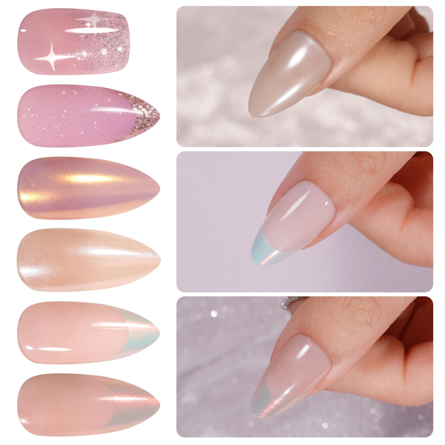 NEW Press on Nails Short, Jofay Fashion 144Pcs Salon-Like Fake Nails With Designs, French, Glitter, Mermaid/Pearl/Aurora Chrome Artificial Acrylic False Nails, Glue on Nails Stick on Nails for Women