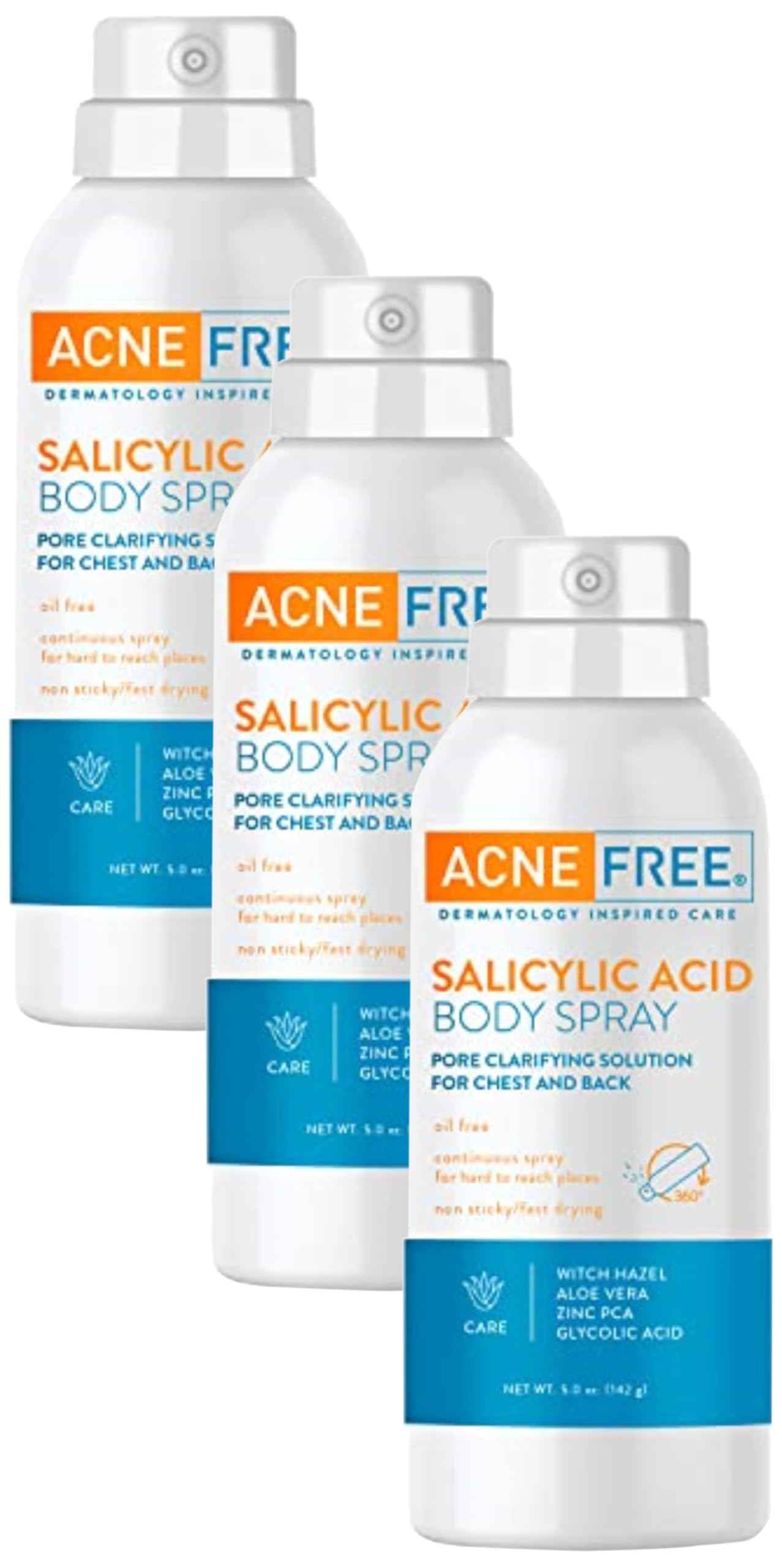 Acne Free Salicylic Acid Body Spray, Salycylic Acid, Glycolic Acid for Exfoliating, Clarify and Unclog Pores, Basic, 5 Ounce (Pack of 3)