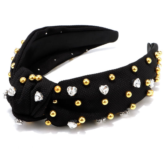 Canitor Pearl Knotted Headbands for Women Top Knot Beaded Headband Jeweled Head Bands for Women's Hair Non Slip Embellished Rhinestone Headbands Fashion Hair Accessories Gifts (black)