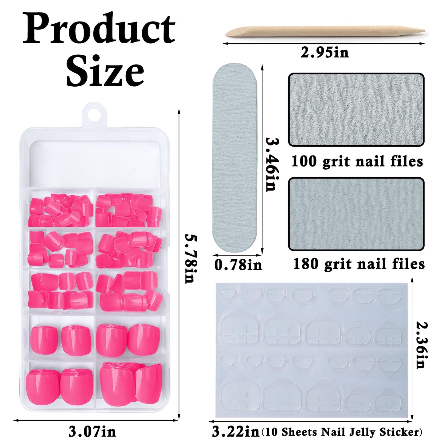 LuckForever Short Press on Toenails 240pc Glossy Hot Pink Press on Toenails Short Square Fake Toe nails Full Cover 10 Nail Adhesive Tabs,Small Wooden Sticks & Nail Files False Toenails for Women