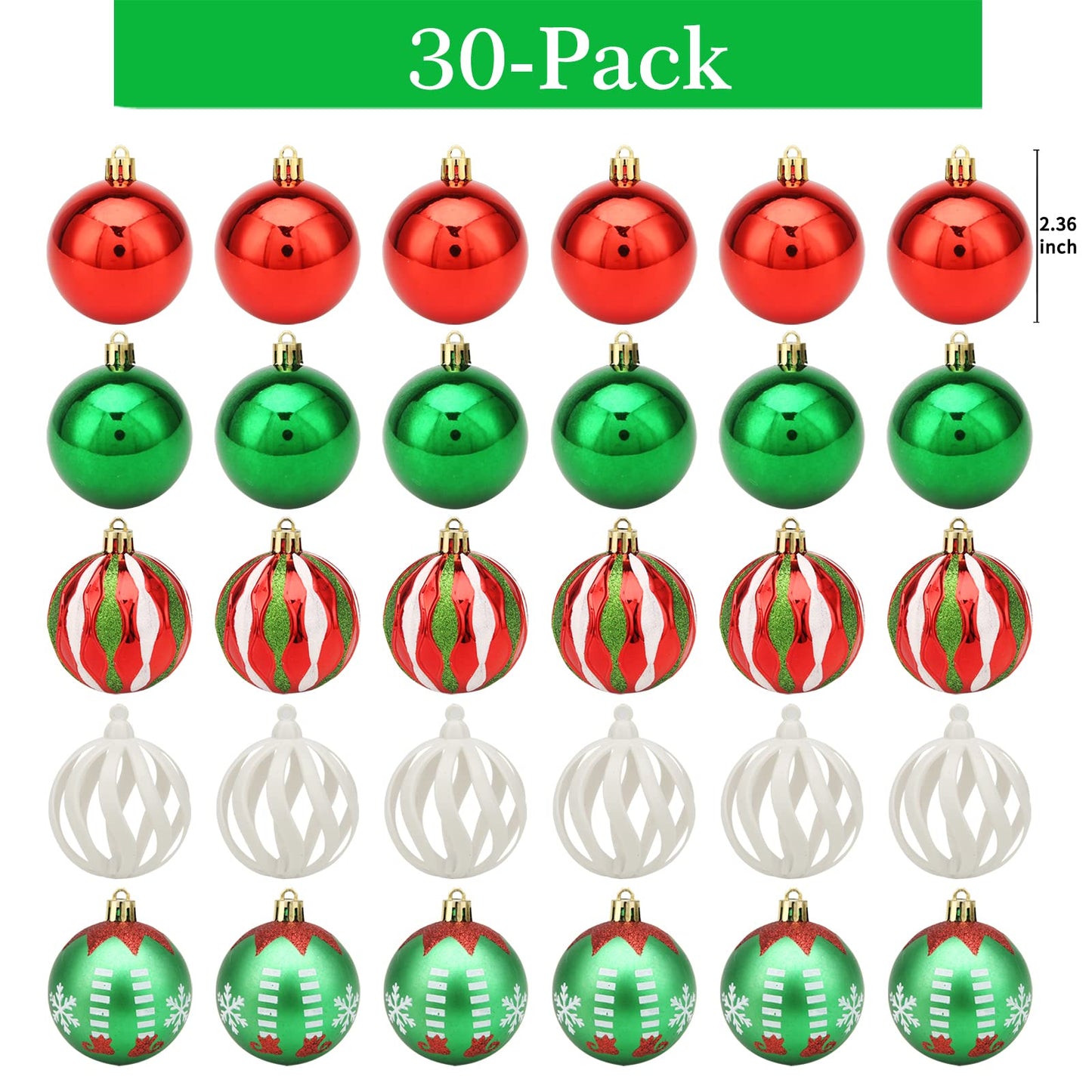 Christmas Tree Ornaments, 30ct Christmas Ball Decoration Set 2.36" Green Gold and White Christmas Ball Shatterproof Hanging Tree Ornament Set for Christmas Tree Holiday Halloween Xmas Party Decor