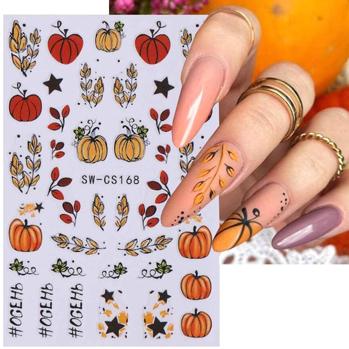 6Sheets Fall Pumpkin Nail Stickers,3D Thanksgiving Day Nail Art Stickers Autumn Maple Leaves Fruit Fallen Leaves Sunflower Design Decals Halloween Holiday DIY Manicure Decoration Accessories