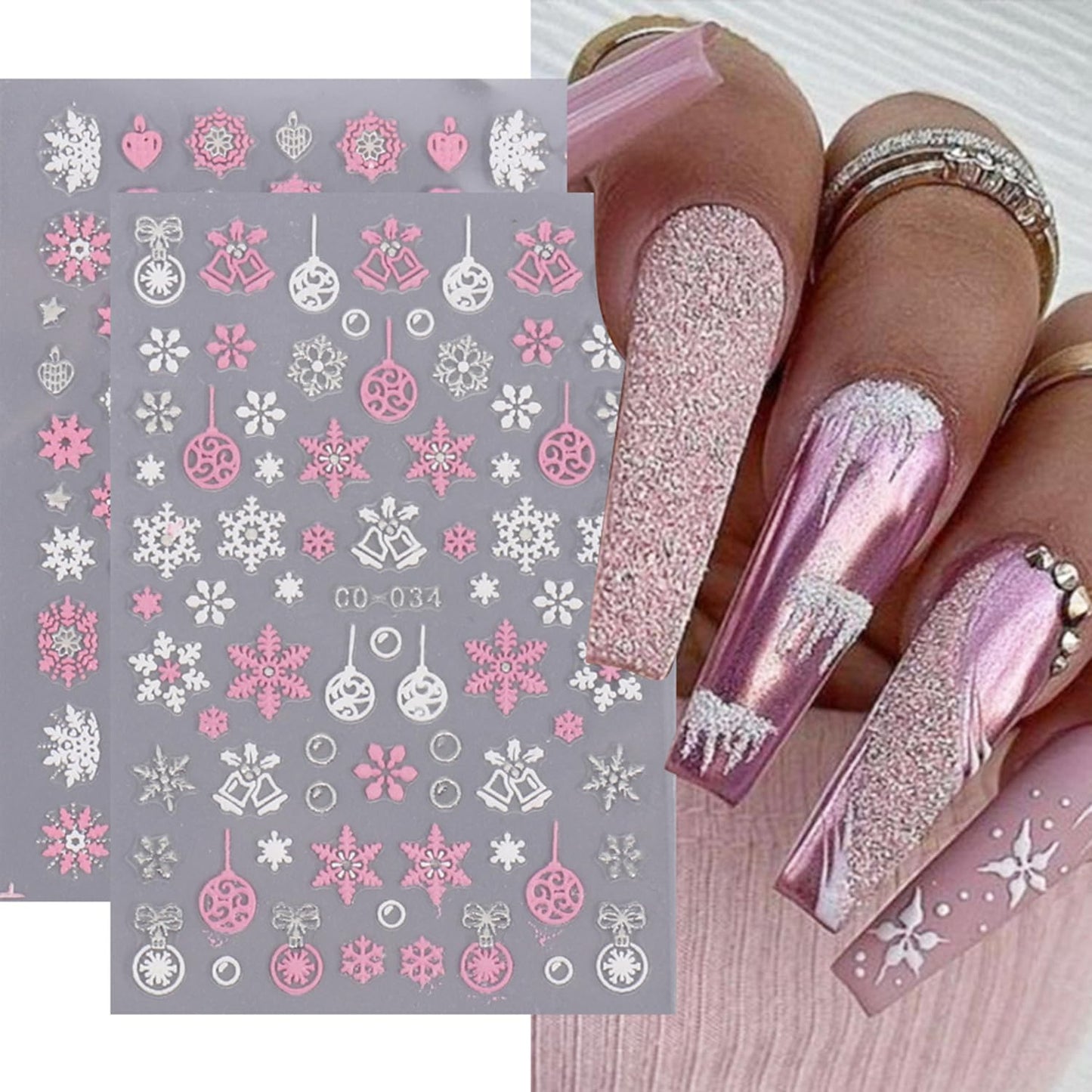 12 Sheets Christmas Nail Art Stickers 5D Self-Adhesive Pink Snowflake Nail Decals Xmas Bell Elk Nail Art Design Stickers Winter Holiday Nail Stickers for Women Girls DIY Acrylic Manicure Supplies