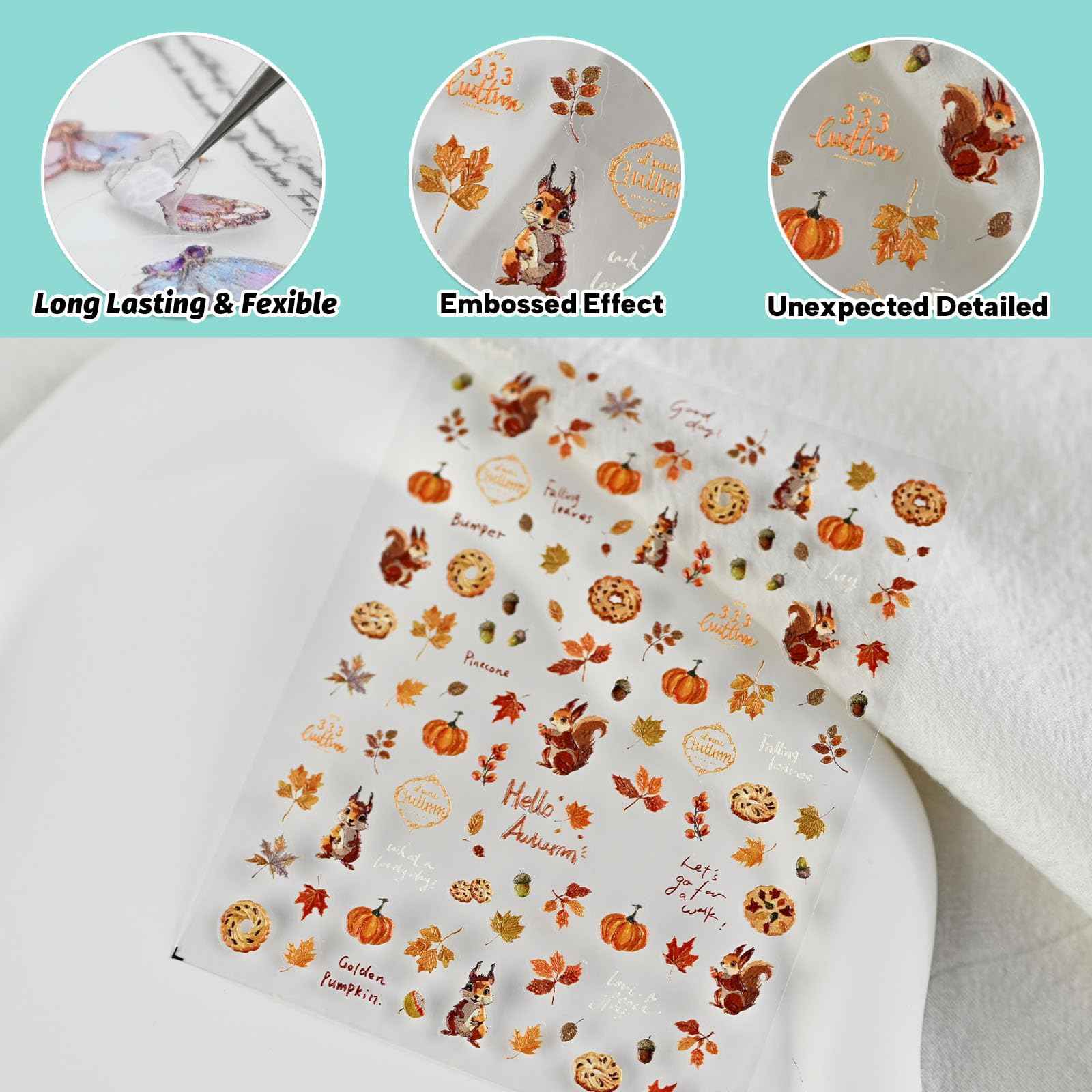 CESTSIREN Fall Squirrel Nail Art Stickers, Maple Leaves Nail Decals, Self-Adhesive,Autumn Nail Accessories & Supplies, Durable & Long-Lasting