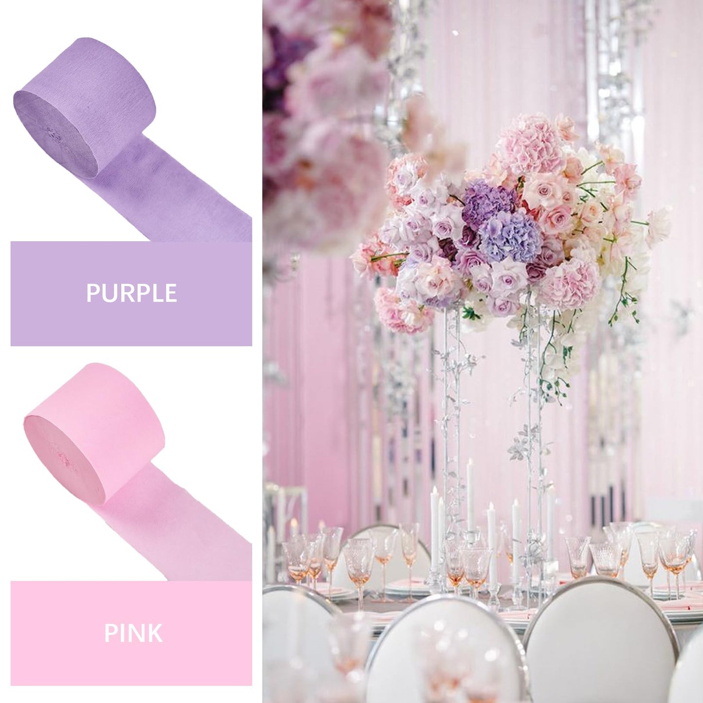 PartyWoo Crepe Paper Streamers 6 Rolls 492ft, Pack of Crepe Paper in Light Pink and Light Purple, Crepe Paper for Birthday Decorations, Party Decorations, Wedding Decorations (1.8 in x 82 Ft/Roll)