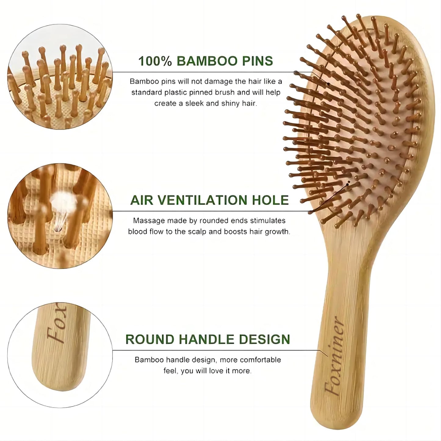 Foxniner Bamboo brush,bamboo hair brush,wooden hair brush,Eco Friendly Paddle Hairbrush for Women Men and Kids Make Thin Long Curly Hair Health and Massage Scalp· (small Bamboo Oval Comb)