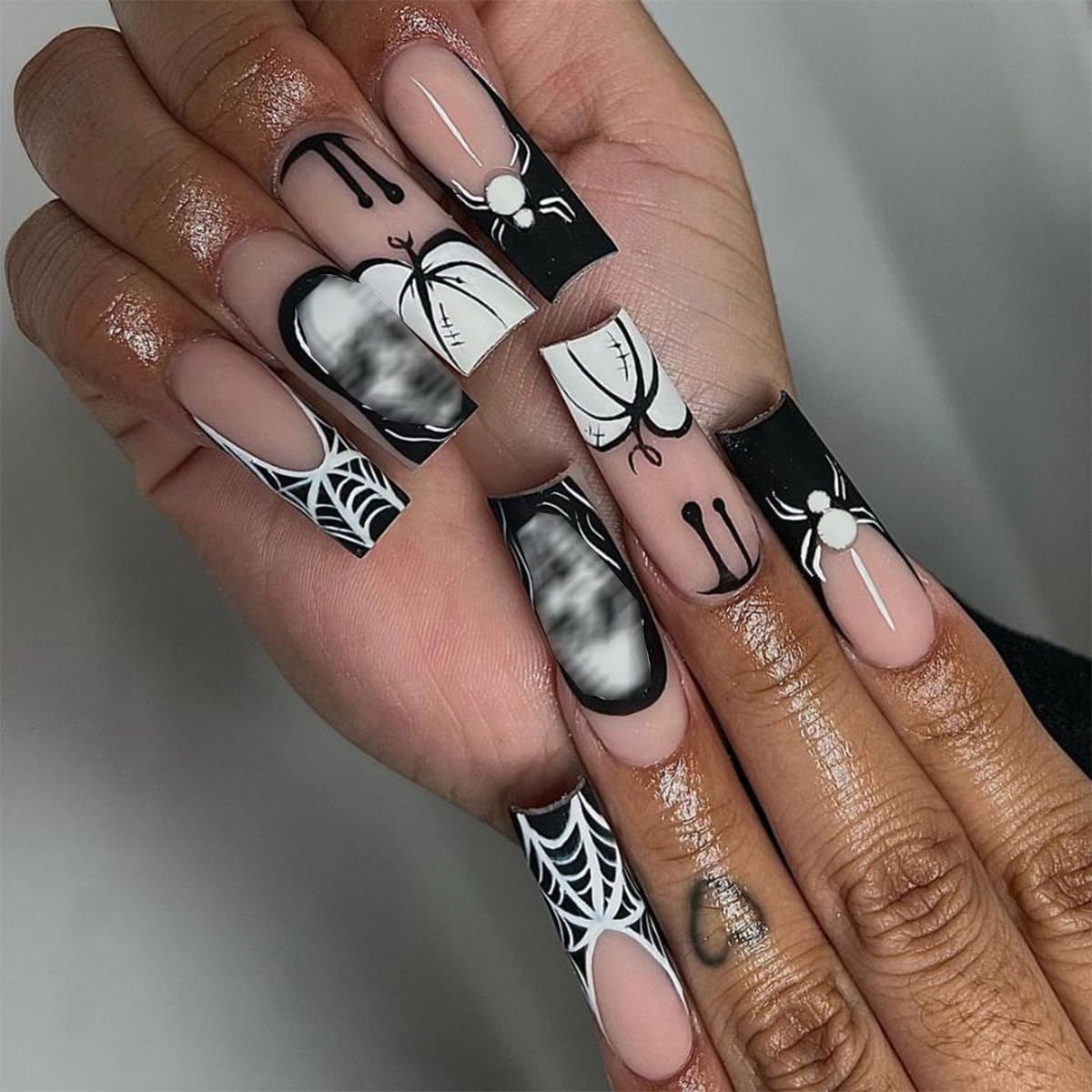 Halloween Press on Nails Long Coffin Fake Nails Black French Tip False Nails with Designs Spider Cobweb Ghost Pumpkin Glue on Nails Fall Cover Glossy Acrylic Nails Stick on Nails for Women Girls 24Pcs