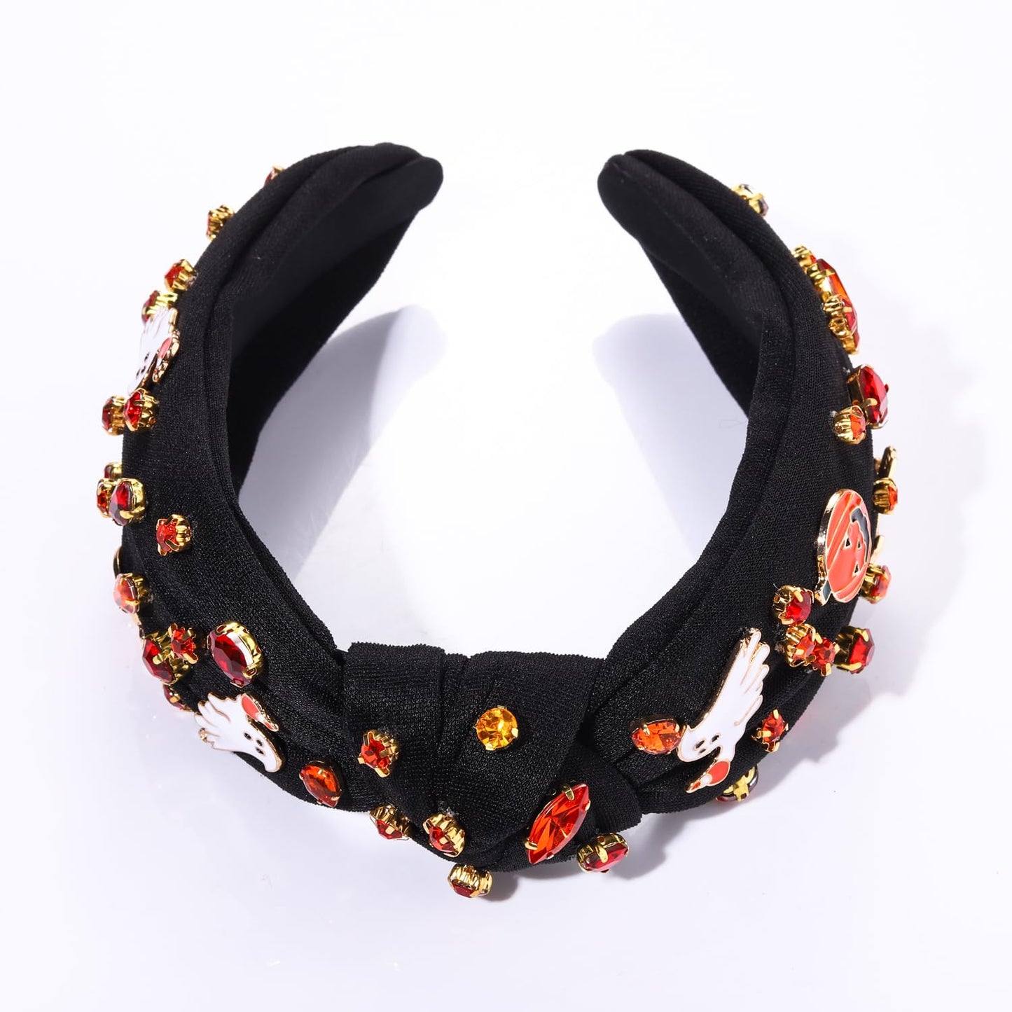 Halloween Headband Purple Spooky Beaded Knotted Headband for Women Pearl Rhinestone Pumpkin Spider Bat Skeleton Ghost Charm Wide Knot Headpiece Cat Star Print Hairband Halloween Party Costume Jewelry