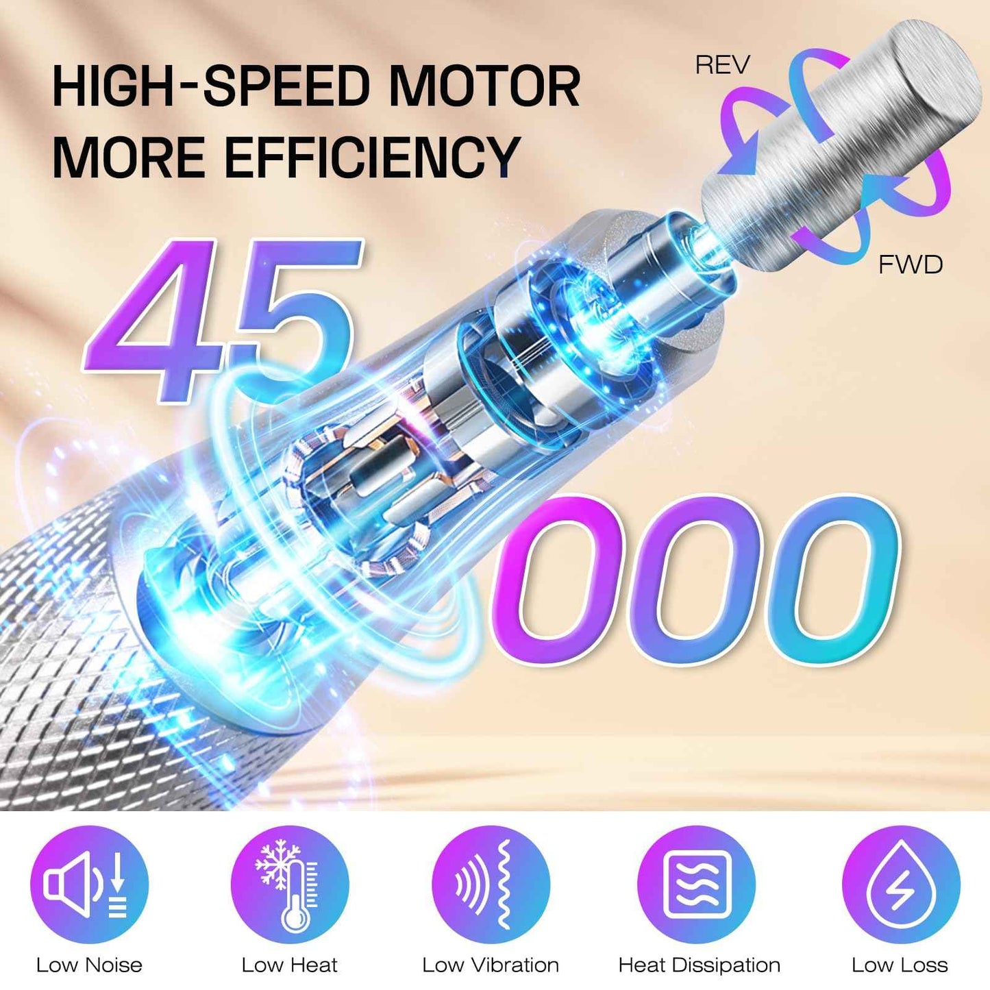 Electric Nail Drill File Machine: Professional 45000RPM Cordless Nail Tool with Stepless Speed Knob for Acrylic Gel Dip Powder Nails, Portable Manicure Pedicure Kit for Home Salon Use