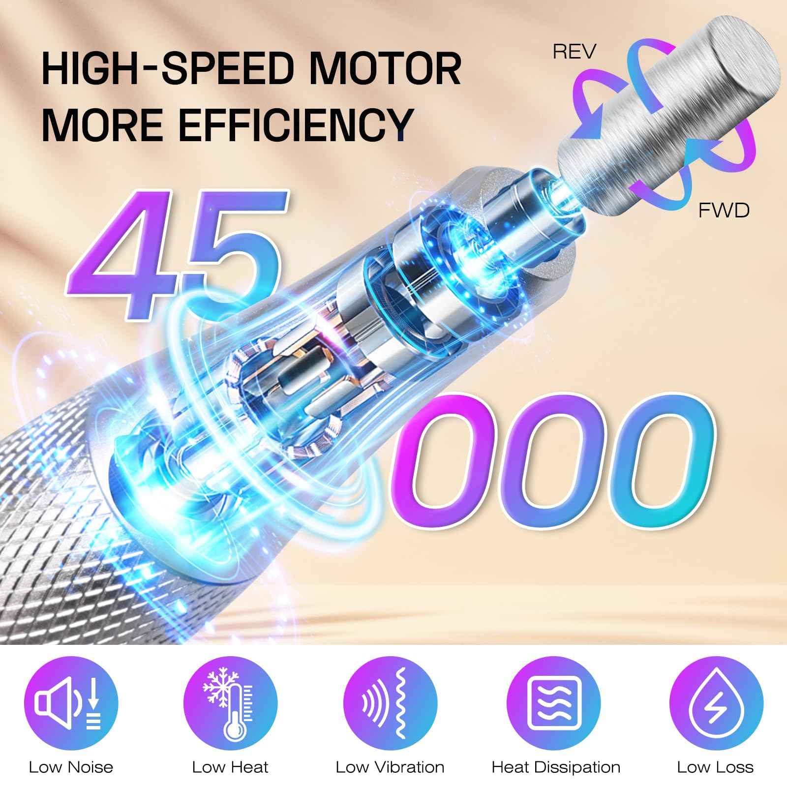 Electric Nail Drill File Machine: Professional 45000RPM Cordless Nail Tool with Stepless Speed Knob for Acrylic Gel Dip Powder Nails, Portable Manicure Pedicure Kit for Home Salon Use