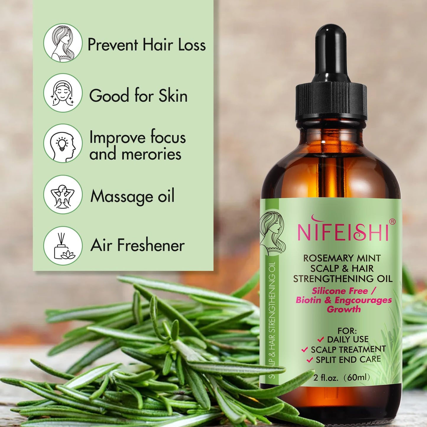 Rosemary Oil, 100% Pure Natural Rosemary Oil for Hair Growth, Treatment For Damaged Hair & Dry Skin, Cold Pressed Oil For Hair Growth, Eyebrows,Eyelashes, Nails and Skin(60ml)