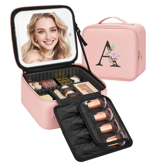Relavel Initial Makeup Bag with LED Mirror for Women Girls, Personalized Travel Cosmetic Organizer Train Case, Birthday Gifts for Grandkids Bridesmaid Graduation Teacher Friends, Trendy Stuff, Pink A