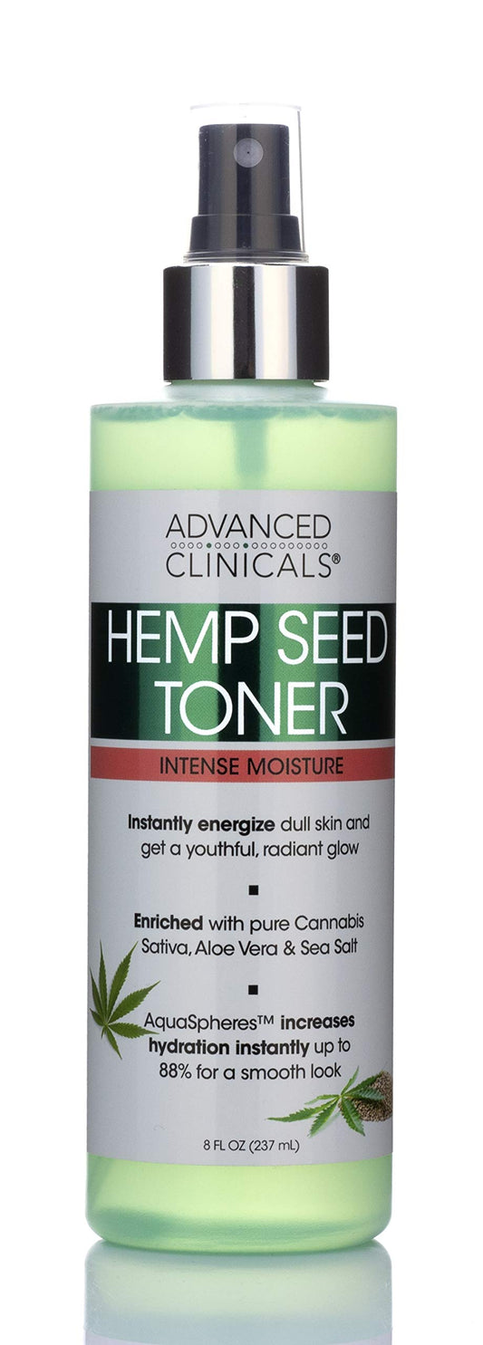 Advanced Clinicals Hemp Oil Hydrating Facial Toner Mist W/Natural Extracts to Energize Aging, Oily, & Dry Skin for Firm, Soft Glow. Alcohol Free Moisturizing Spray W/Sea Salt, & Aloe, 8 Fl Oz