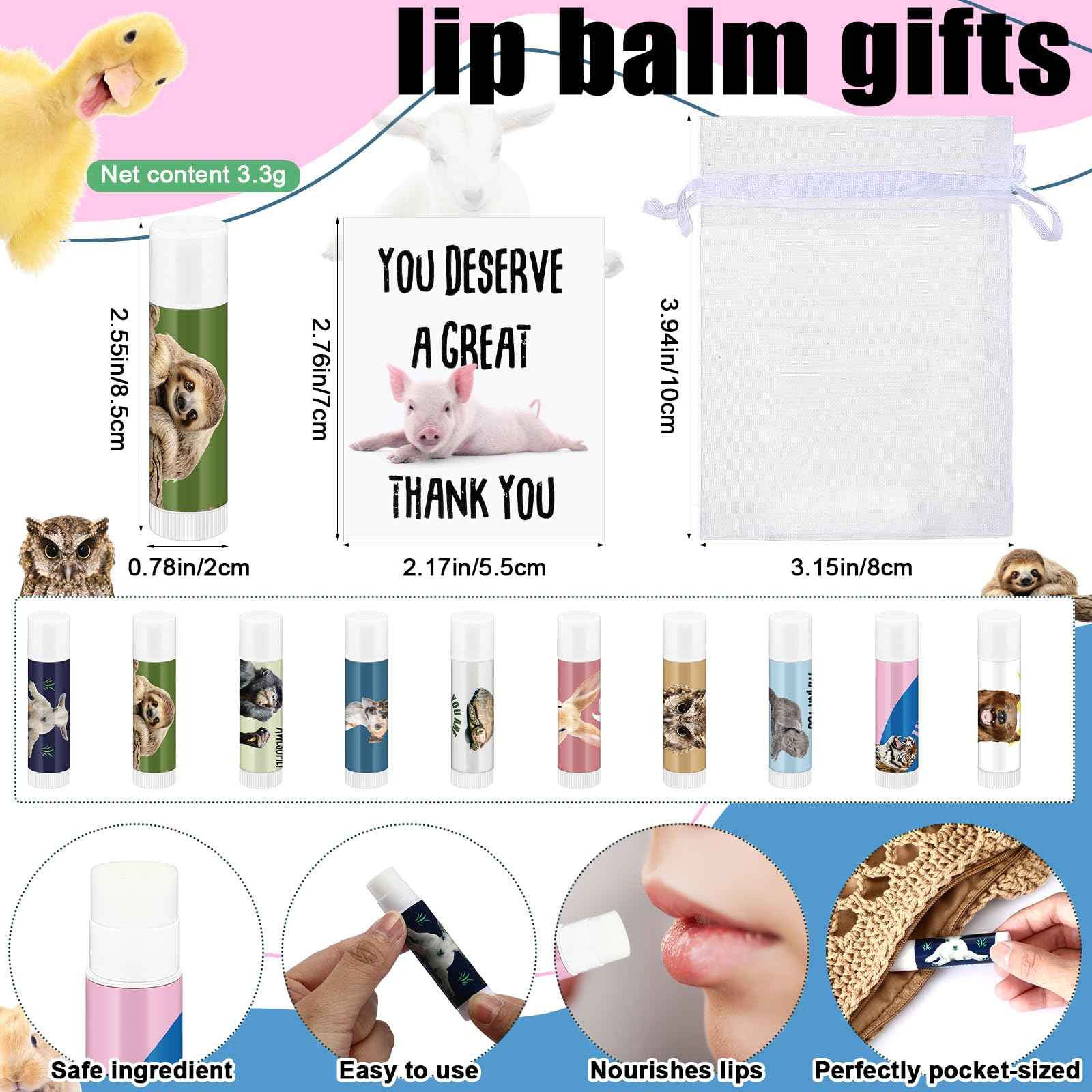 Dansib 40 Sets Employee Appreciation Gifts Bulk for Coworkers Thank You Staff Gift Inspirational Animal Pun Lip Balm Note Cards Organza Bag for Office Pocket Favor Party Team Volunteer Nurse Friend