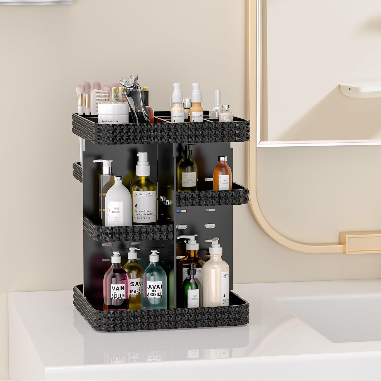 HEMTROY Rotating Makeup Organizer with Makeup Brush Holder, Large Capacity Perfume Organizer for Vanity Countertop, Acrylic Skincare Organizers Spinning Holder Storage Rack (Black)