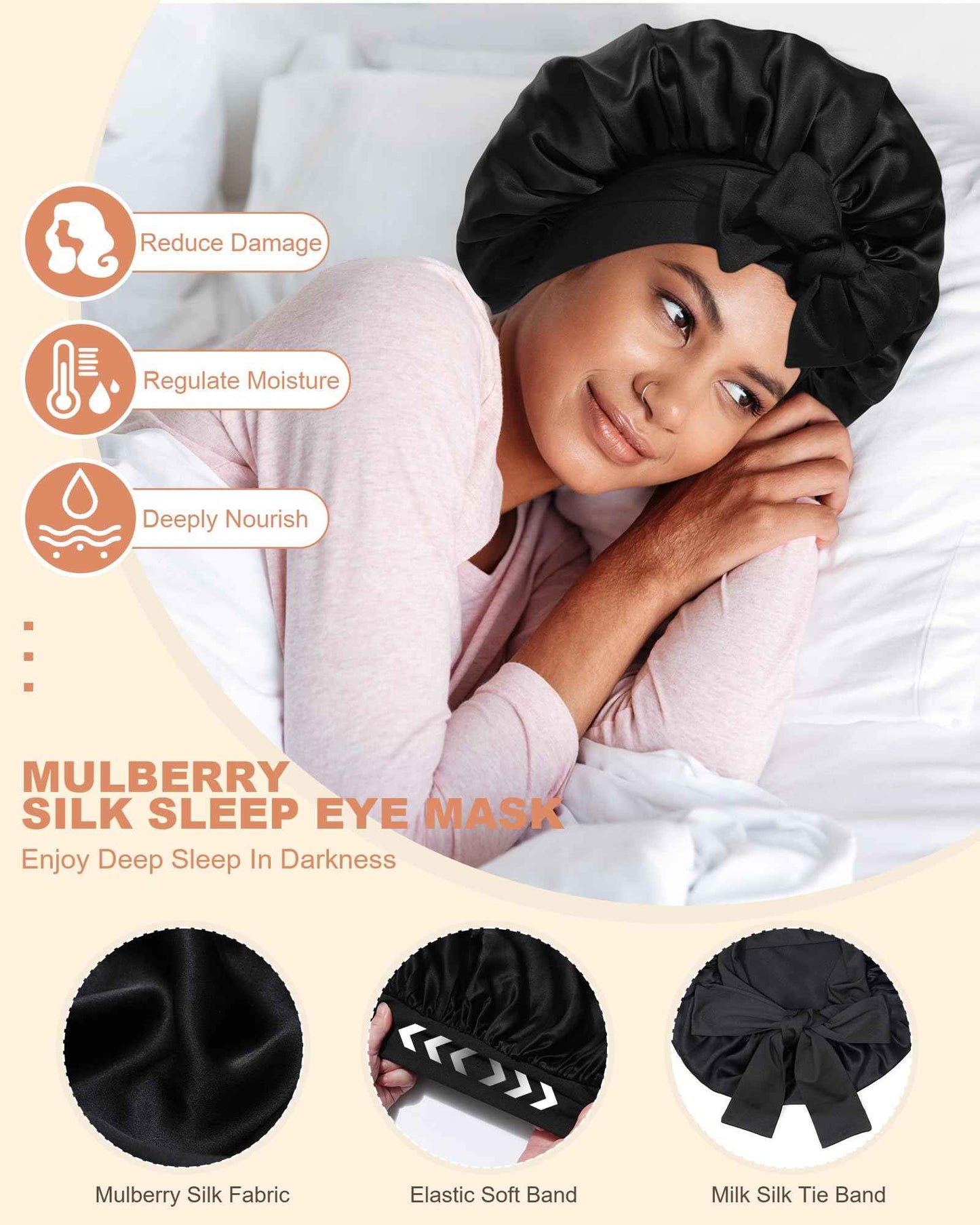 Mulberry Silk Bonnet Sleeping Women Curly Hair Bonnets Tie Band Double Layer Reversible Sleep Bonnet Silk Hair Wrap Sleep Cap Black