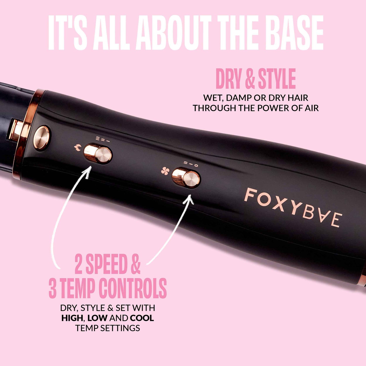 FoxyBae 3-in-1 Ceramic Interchangeable Hair Tools - Blowout Dryer - 3 Detachable Heads: 2.4" Blowout-Brush, 1.5" Hot Round Brush & Drying Cylinder Hair-Dryer & Hair Styling Set (Black Rose-Gold)
