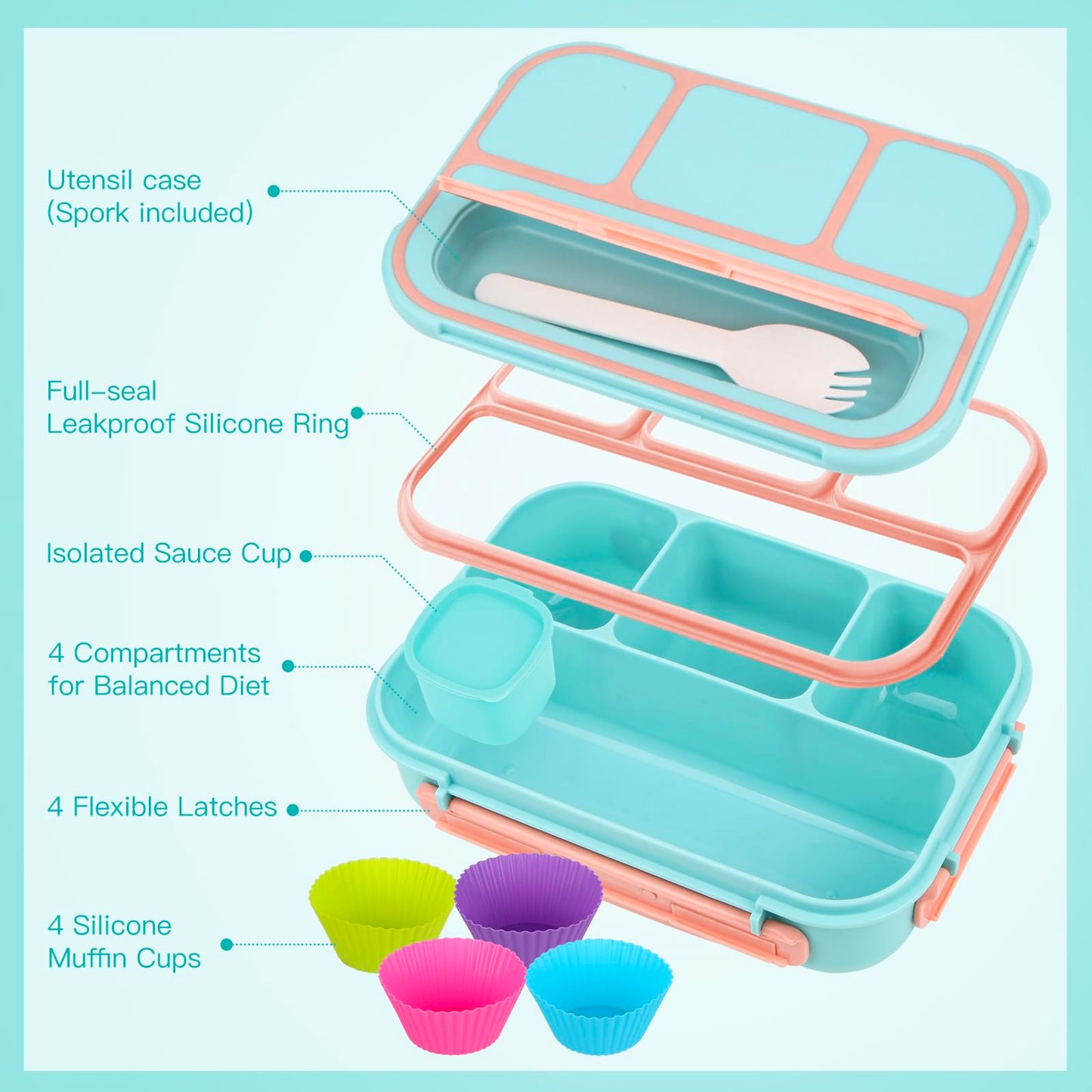 MaMix Bento Lunch Box Adult, Bento Box for Kids, Lunch Containers for Adults/Kids/Students,1300ML-4 Compartment Lunch Box Kids (Pastel blue)